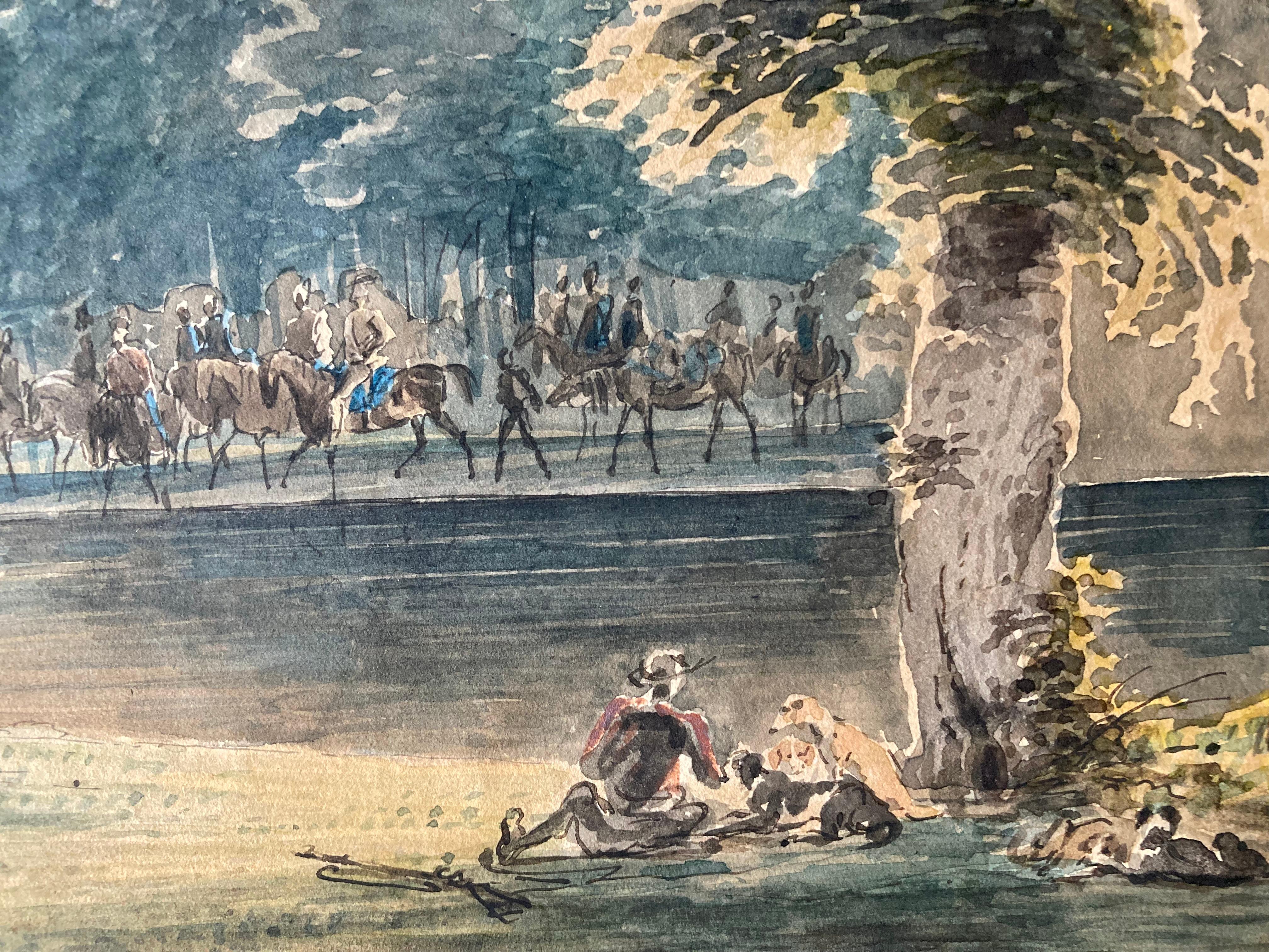 Noble Hunting Society wild Boar Deer and Dogs, Hunter's Life, 1822, Watercolour - Romantic Painting by Unknown
