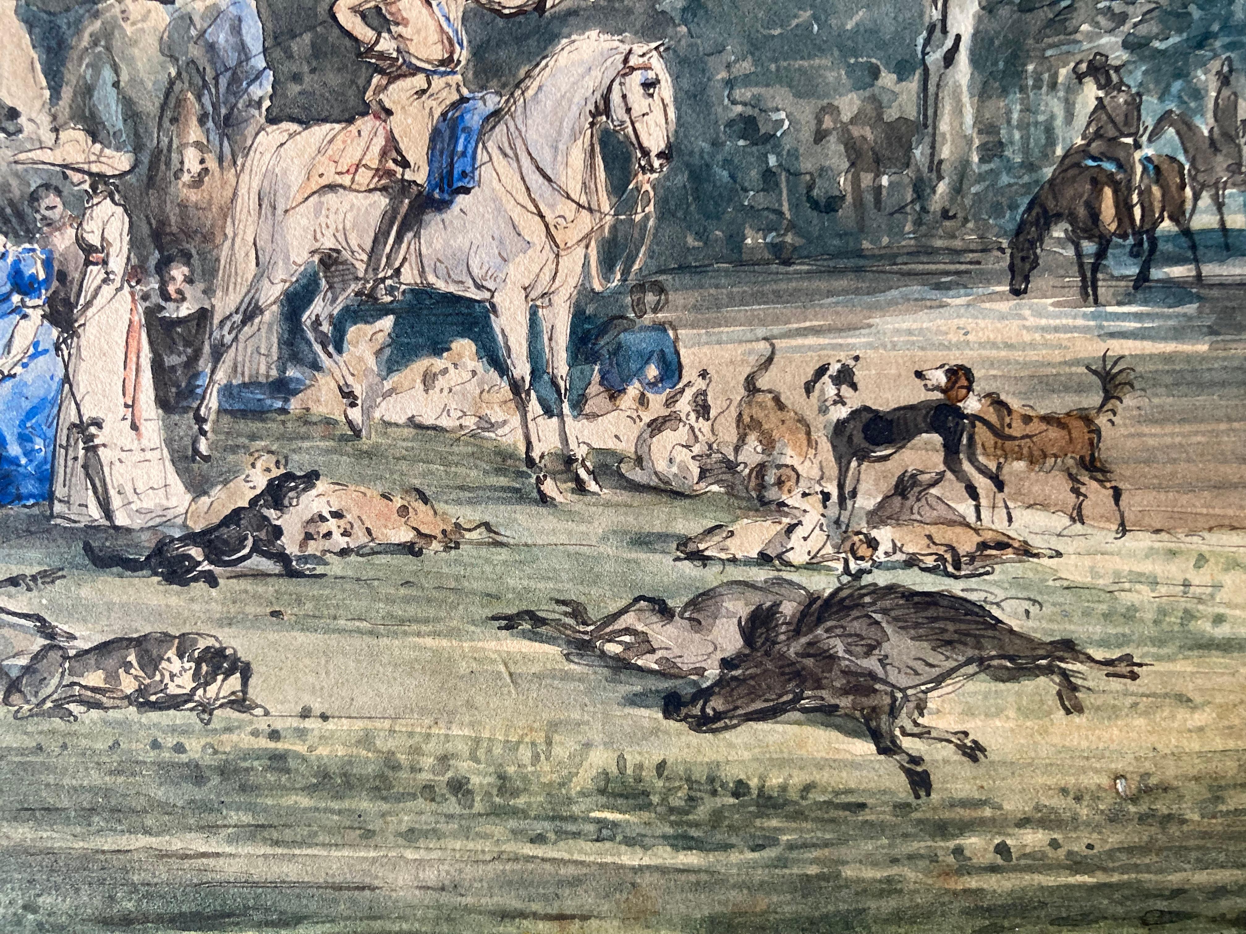 Noble Hunting Society wild Boar Deer and Dogs, Hunter's Life, 1822, Watercolour - Gray Animal Painting by Unknown