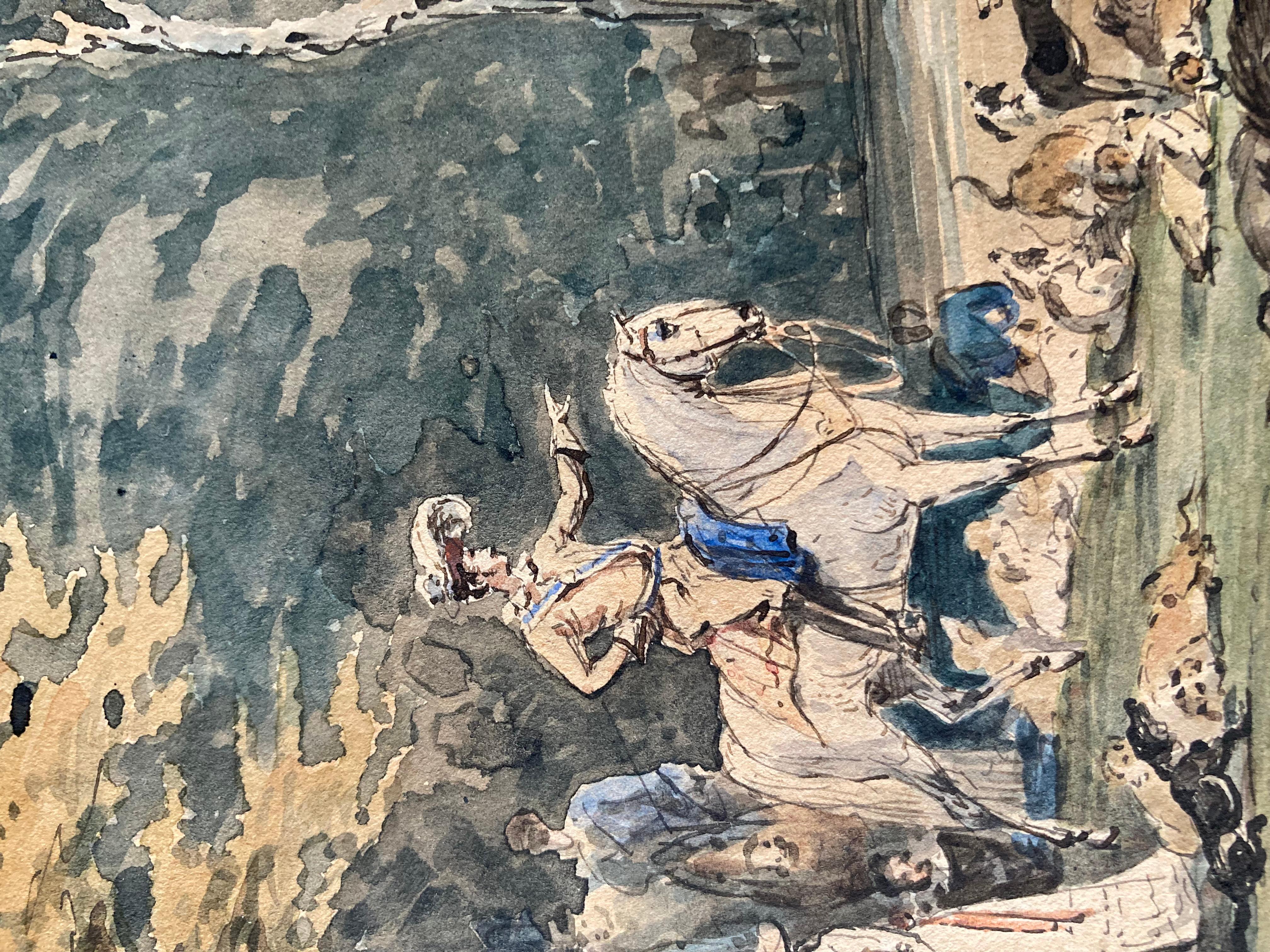 This Watercolor drawing shows a noble hunting society. The duke (?) on horse and several noble ladies accompanying the soctiety. The duke (?) gestures towards a group of hunters on horse. They are standing in a river (?) / water with their horses.
