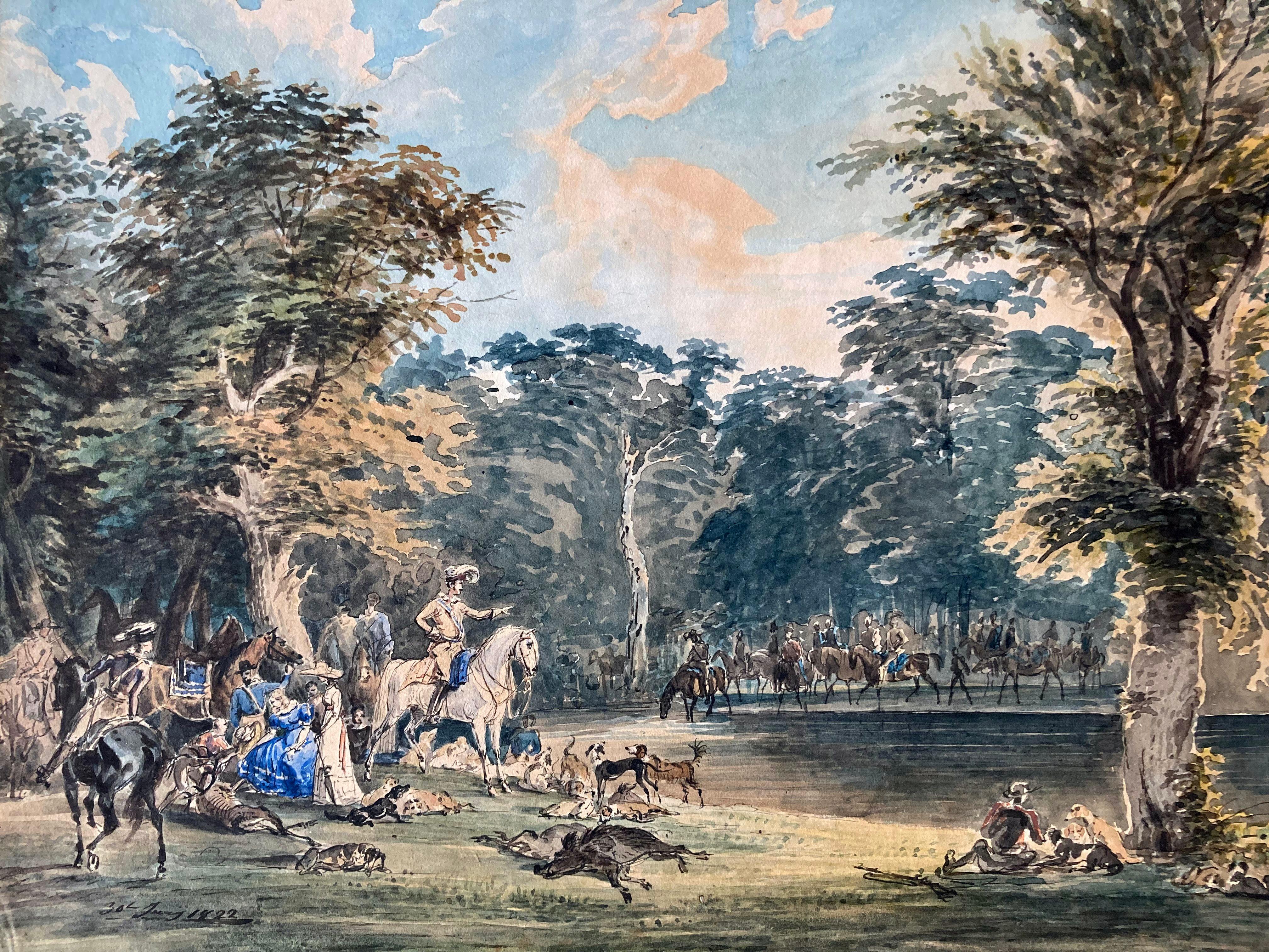 Noble Hunting Society wild Boar Deer and Dogs, Hunter's Life, 1822, Watercolour For Sale 5