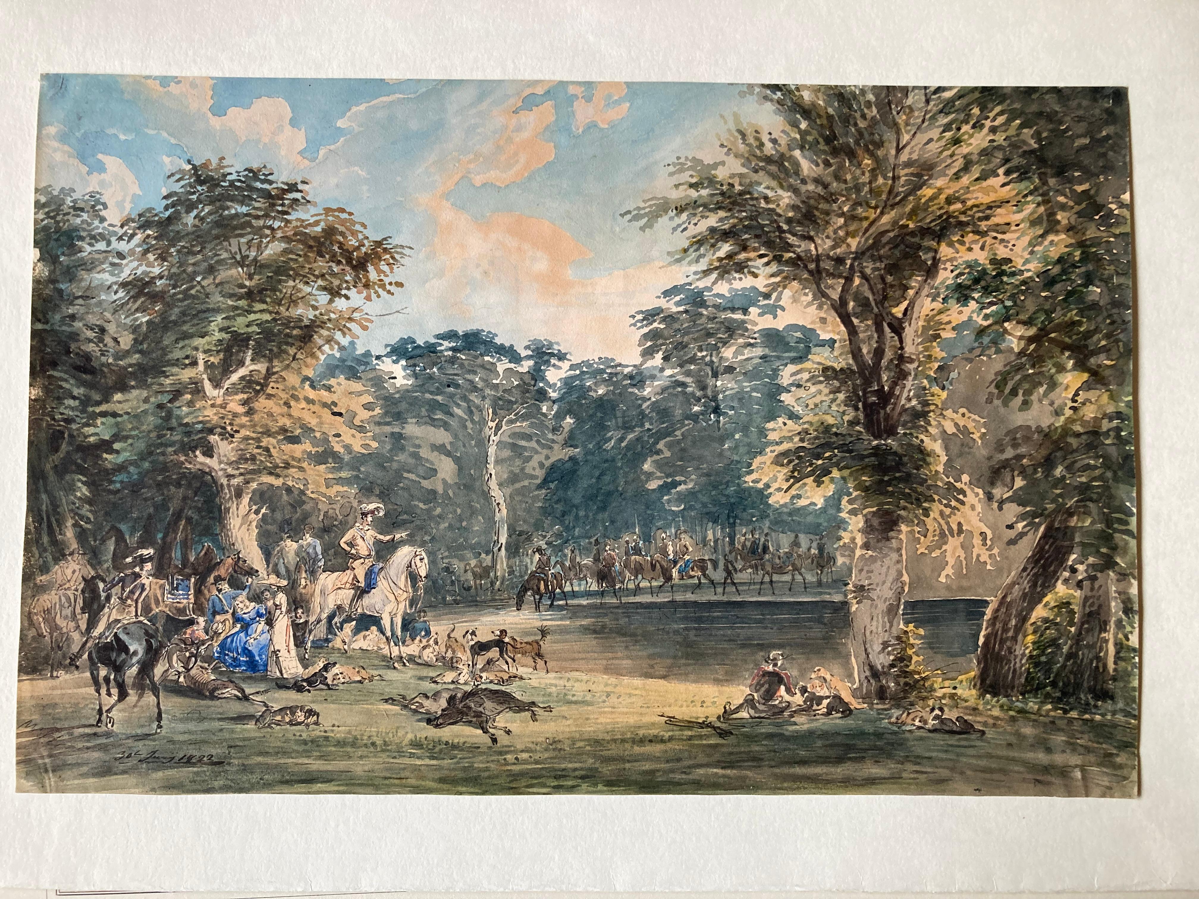 Noble Hunting Society wild Boar Deer and Dogs, Hunter's Life, 1822, Watercolour For Sale 4