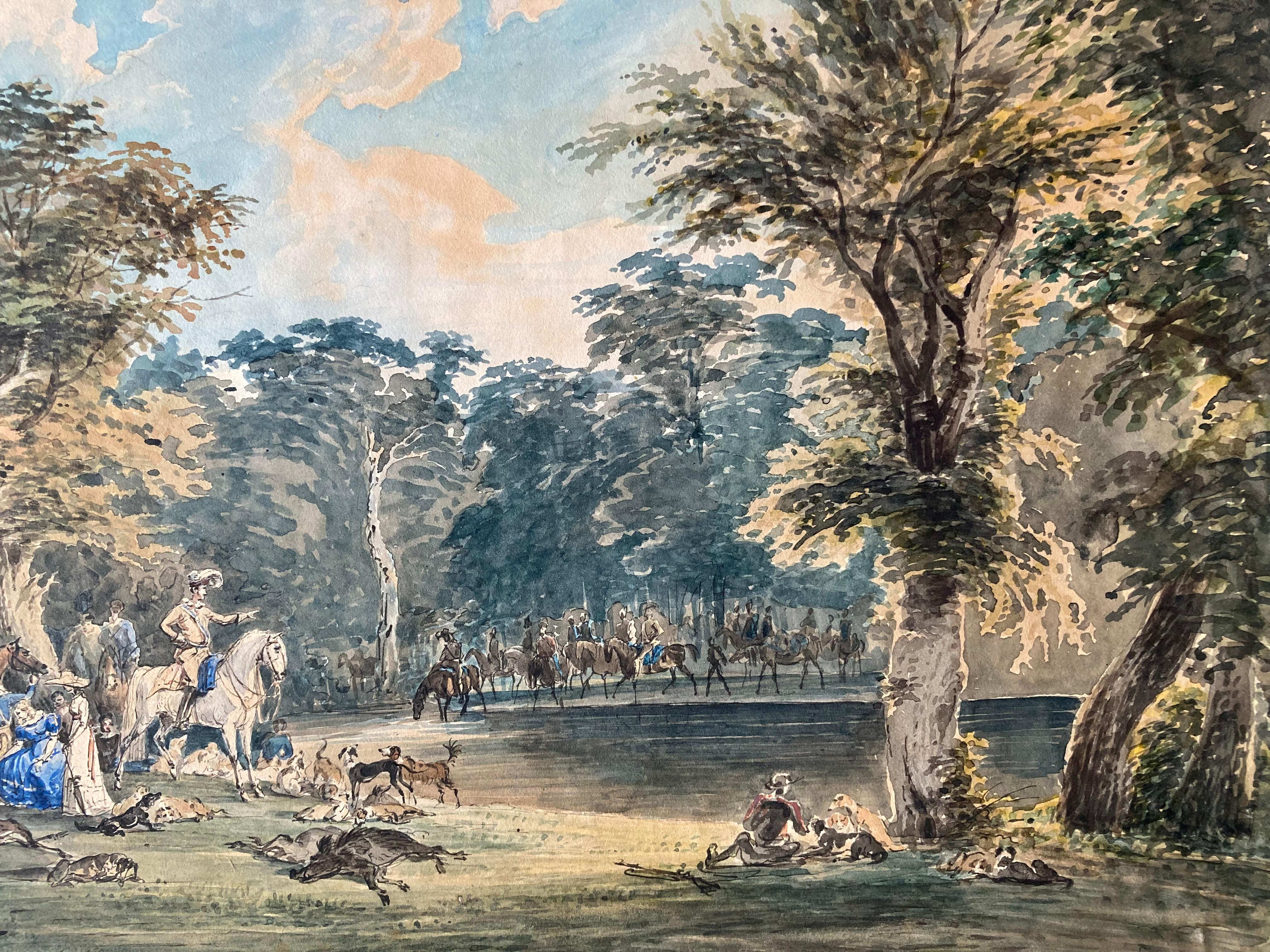 Noble Hunting Society wild Boar Deer and Dogs, Hunter's Life, 1822, Watercolour For Sale 6