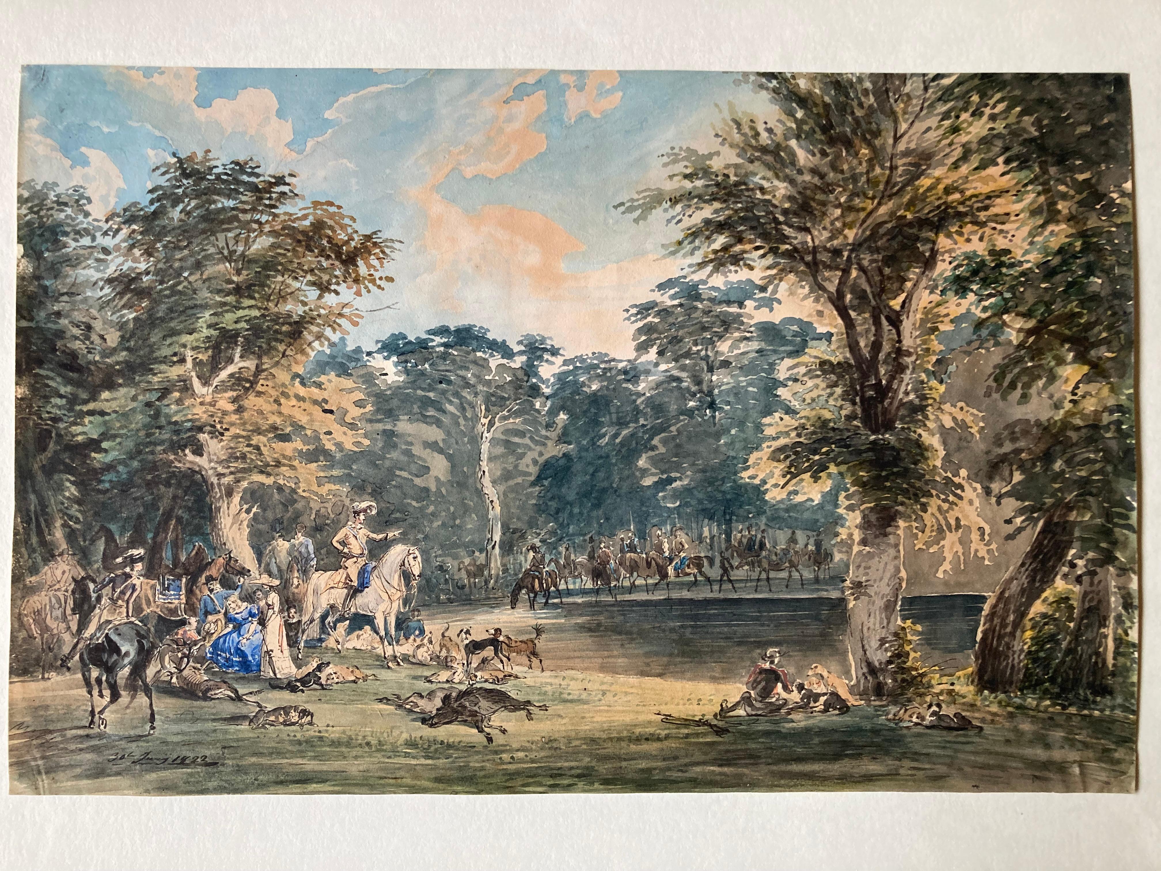 Noble Hunting Society wild Boar Deer and Dogs, Hunter's Life, 1822, Watercolour - Painting by Unknown