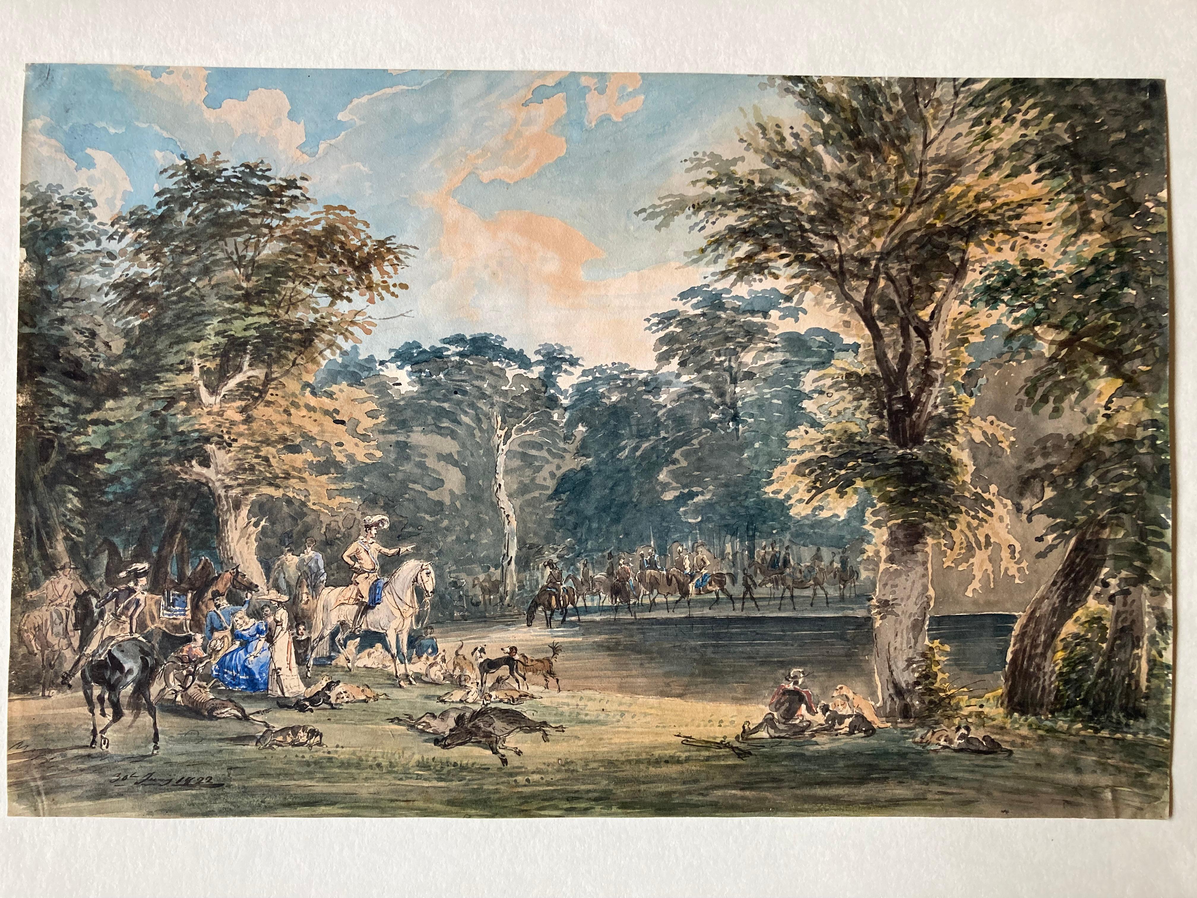 Noble Hunting Society wild Boar Deer and Dogs, Hunter's Life, 1822, Watercolour For Sale 7