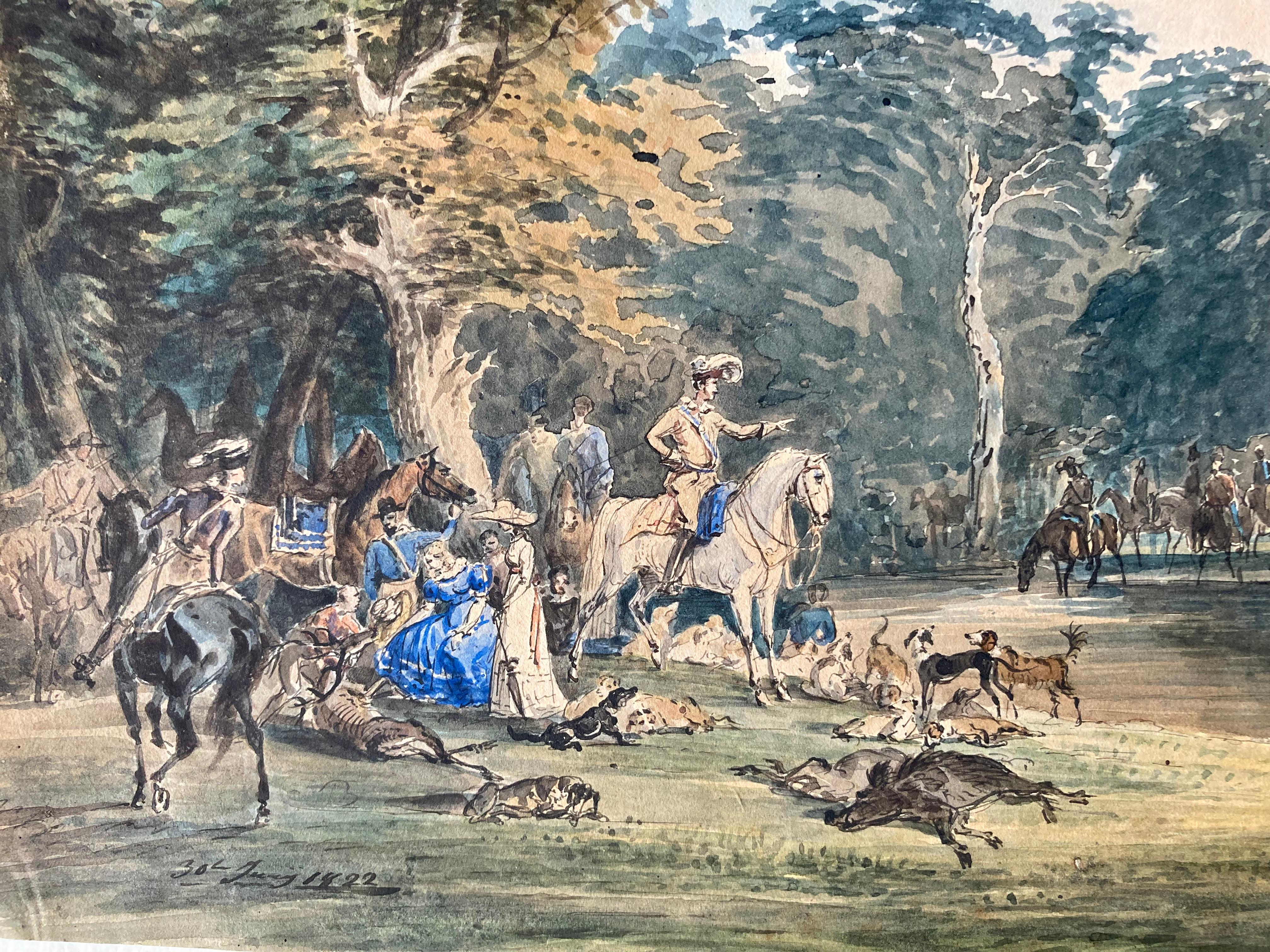 Noble Hunting Society wild Boar Deer and Dogs, Hunter's Life, 1822, Watercolour For Sale 8