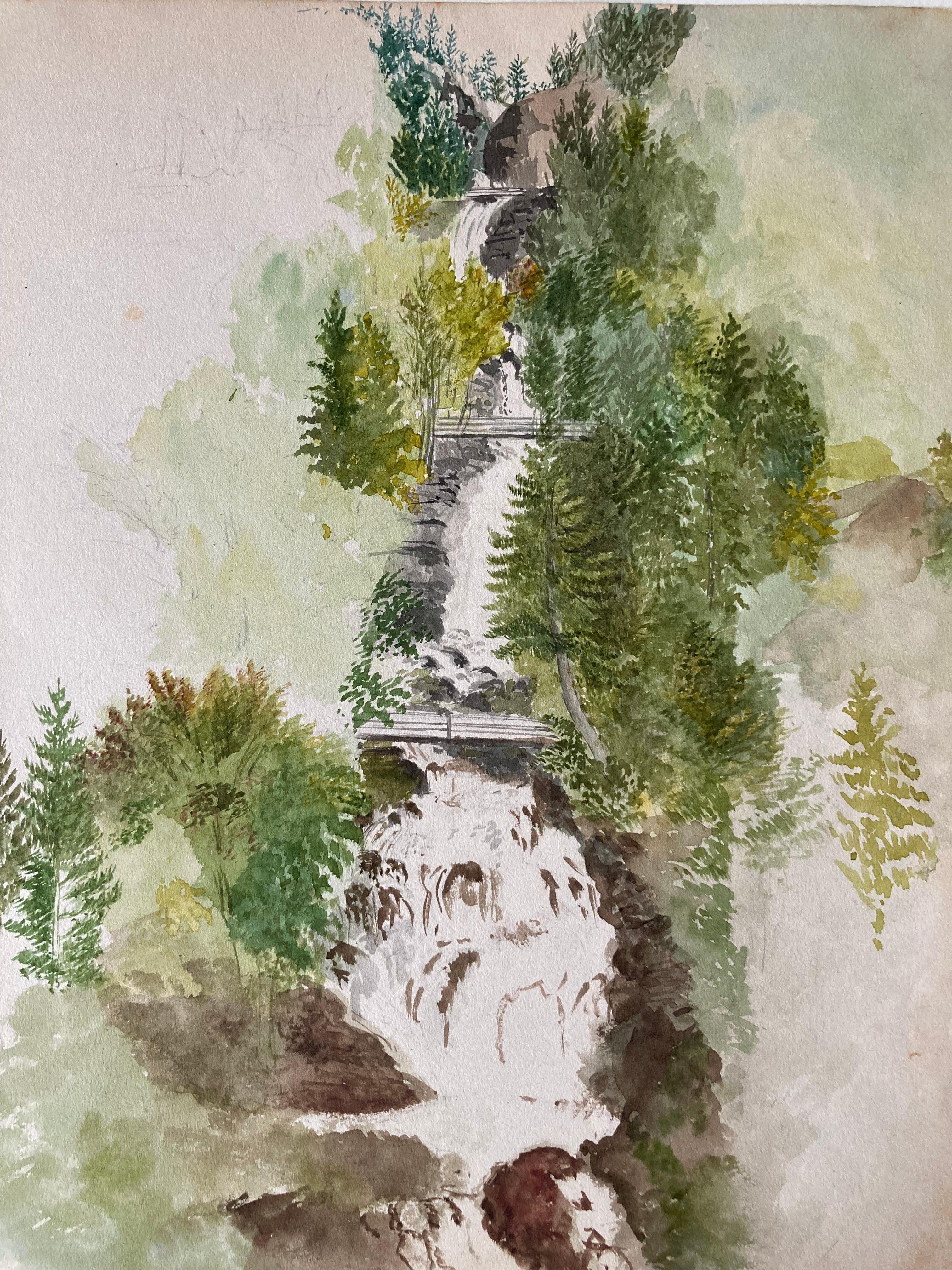 Unknown Still-Life - Decorative Drawing of a Waterfall with Bridges, French Art, Romantic Art