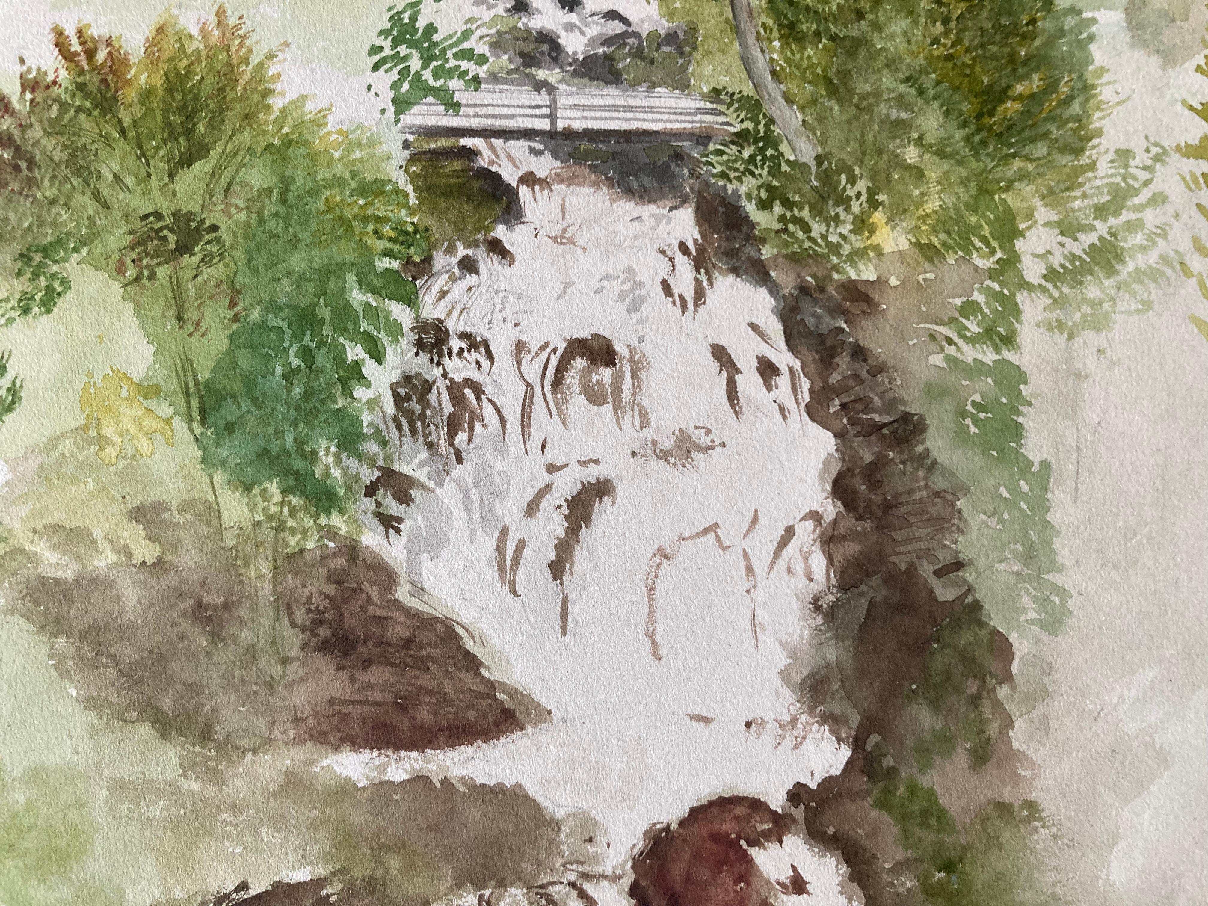 Decorative Drawing of a Waterfall with Bridges, French Art, Romantic Art - Brown Still-Life by Unknown