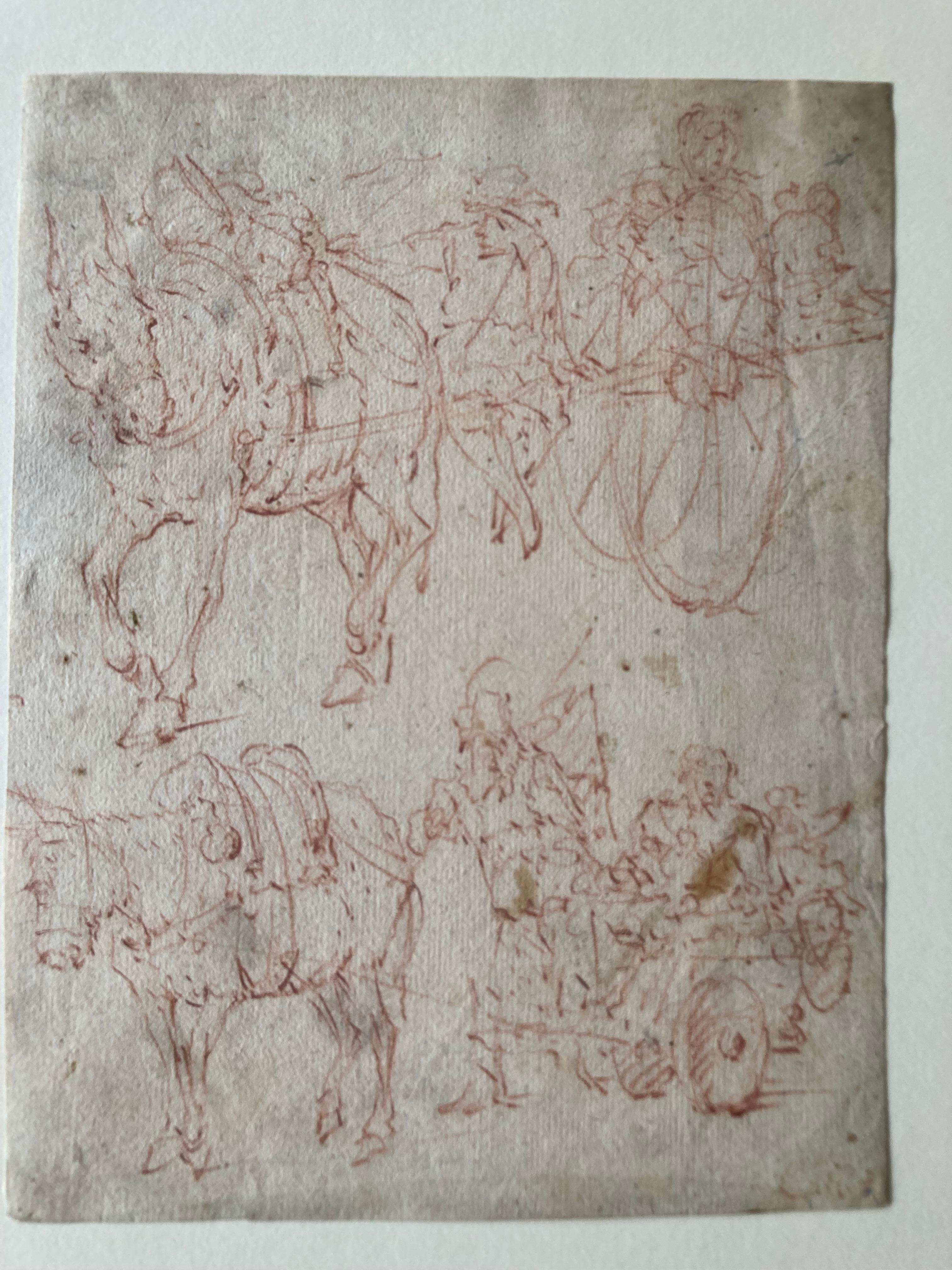 Ce dessin montre plusieurs études d'un âne avec une voiture. Son style est proche des artistes flamands du XVIIe siècle. Sur le passepartout, on peut lire 