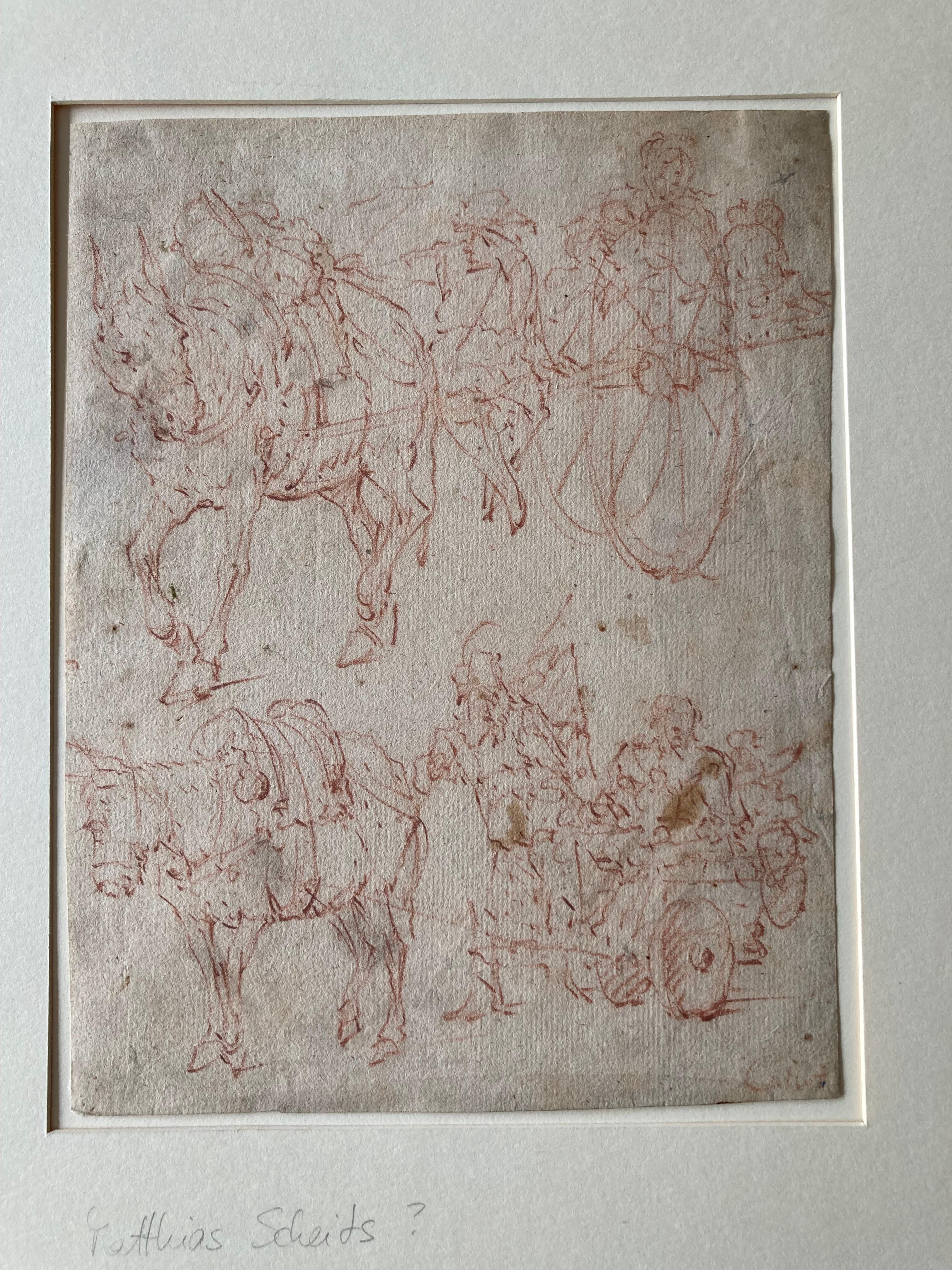Ancien maître flamand, étude d'un chariot de âne, 17ème siècle, dessin sang-de-poule en vente 9