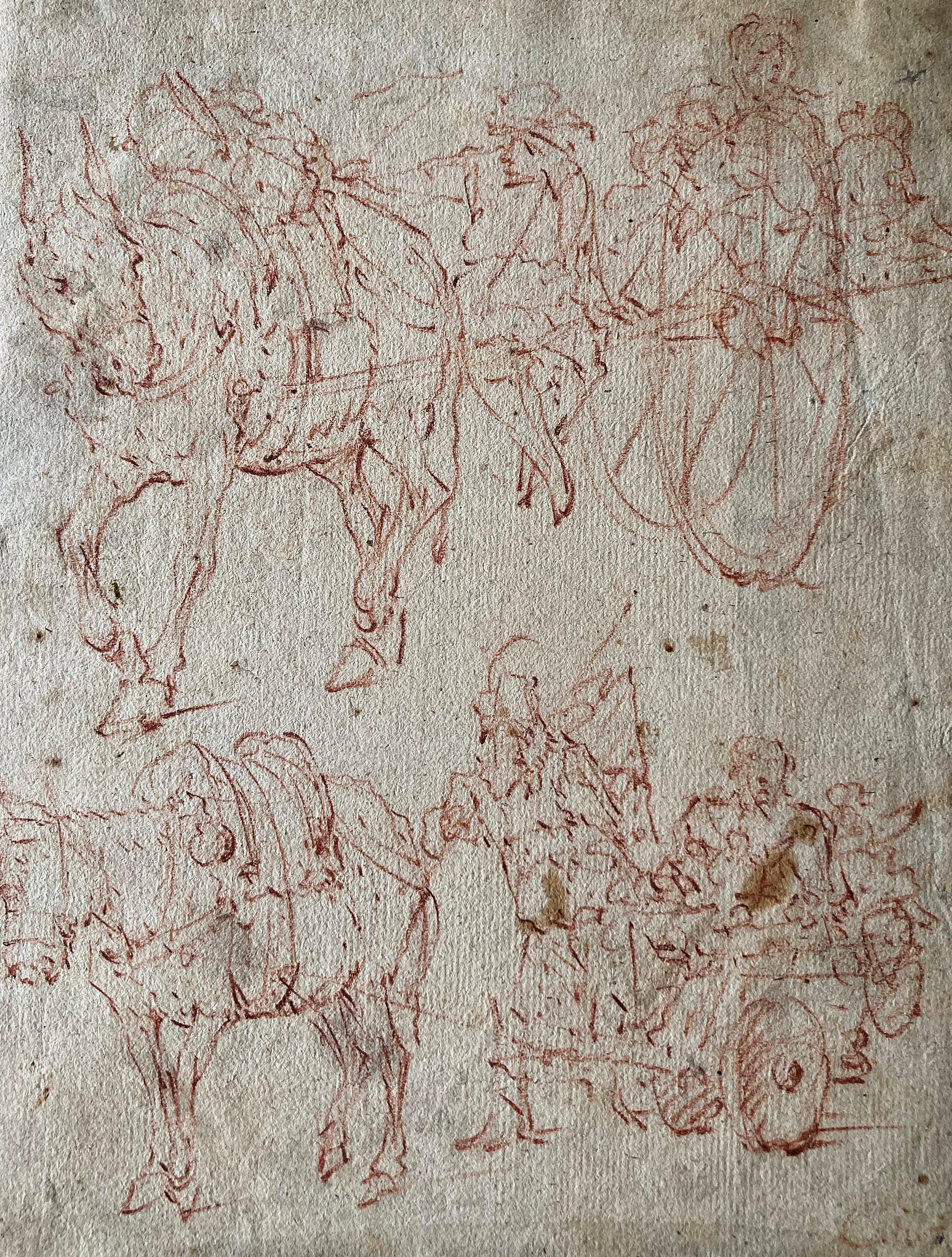 Ancien maître flamand, étude d'un chariot de âne, 17ème siècle, dessin sang-de-poule en vente 1