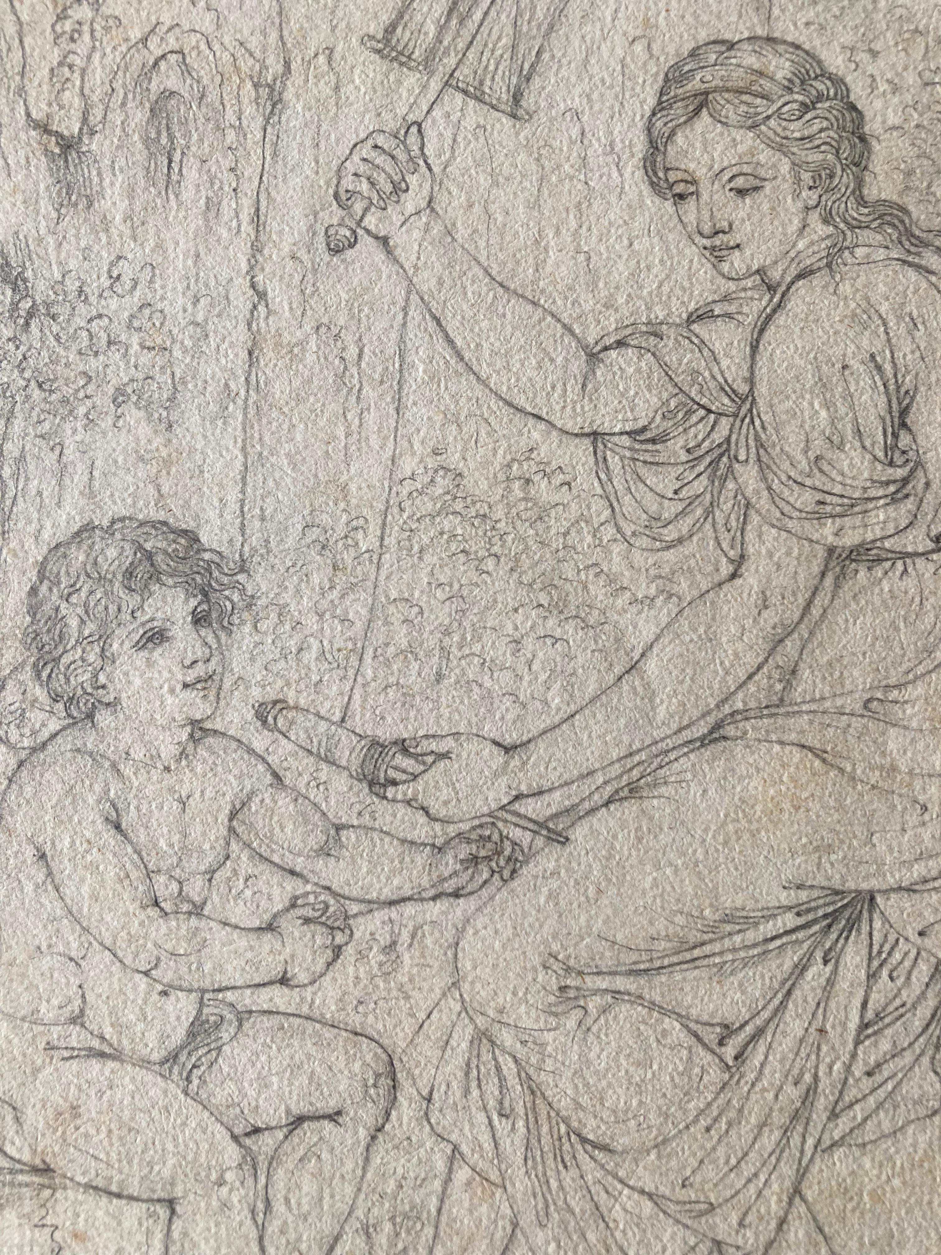 Fine drawing in pencil, oval format. Circle of Angelika Kauffmann. 
The subject is not clear. It is Amor with his arrows and perhaps Venus with a spindle. Both are weaving a thread. Perhaps the female might be Klotho, but this is not clear.
The