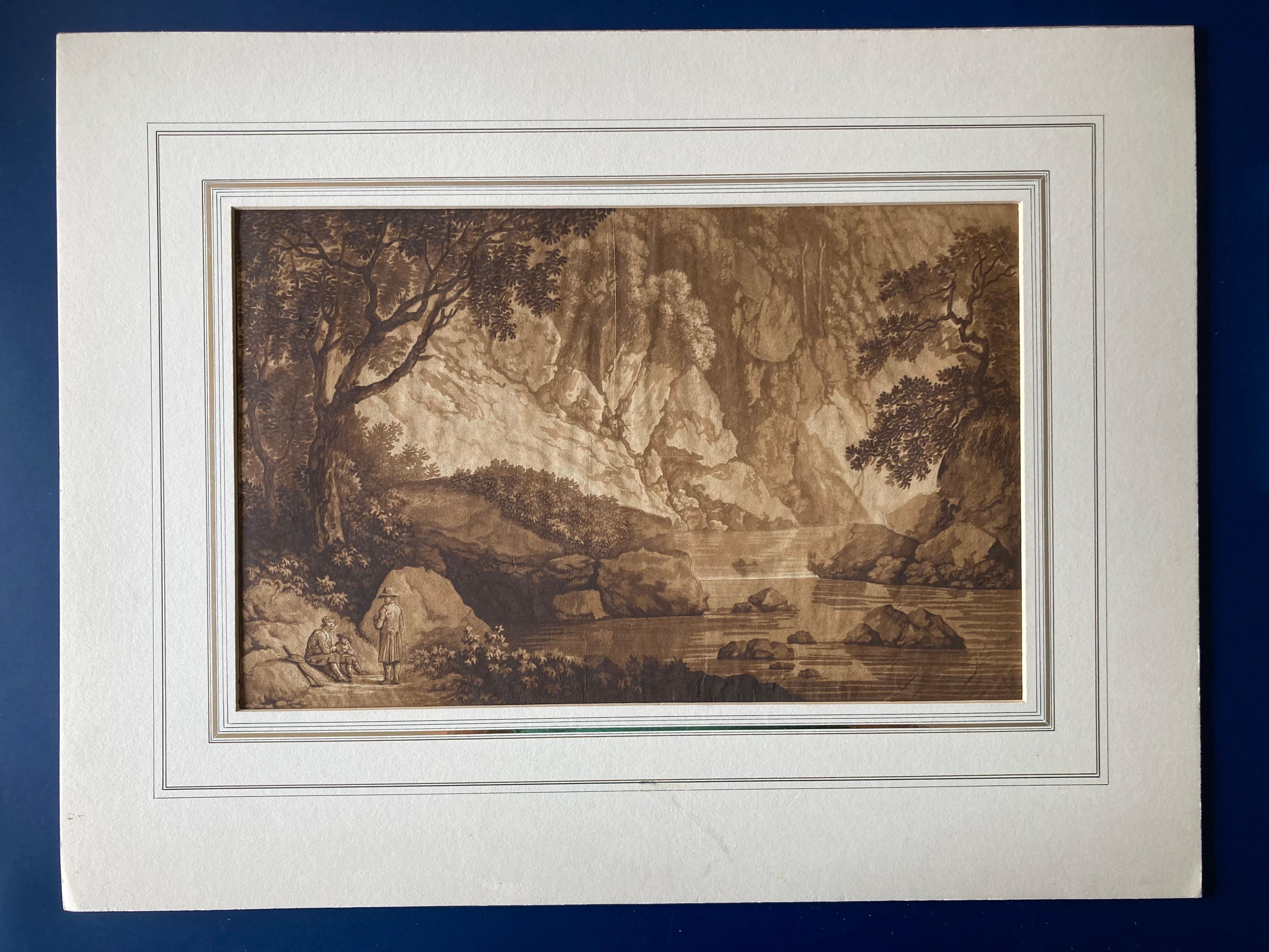 Mountainous Riverlandscape with resting Wanderers, German, Aquatint, old master For Sale 1