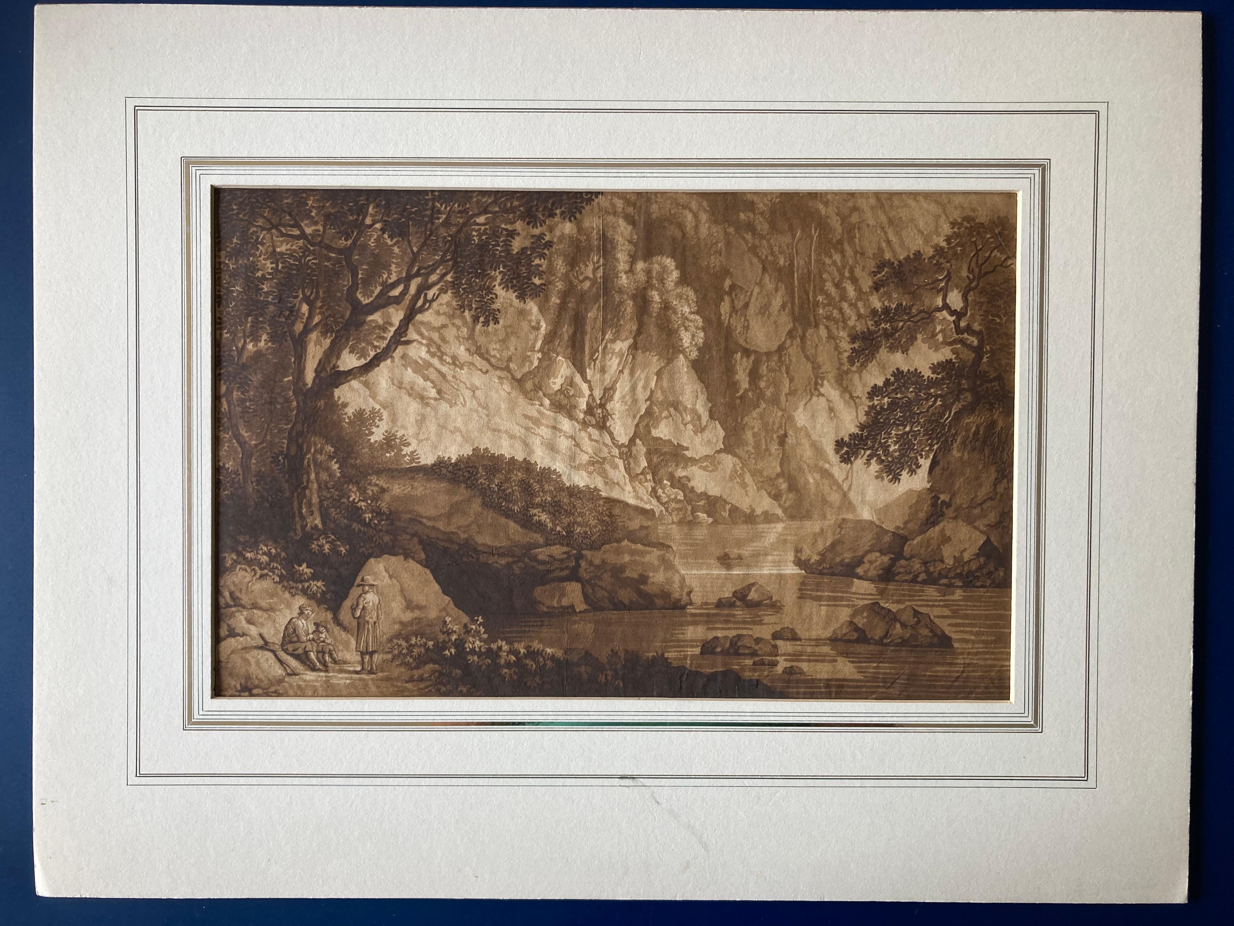 Mountainous Riverlandscape with resting Wanderers, German, Aquatint, old master - Brown Landscape Art by Unknown
