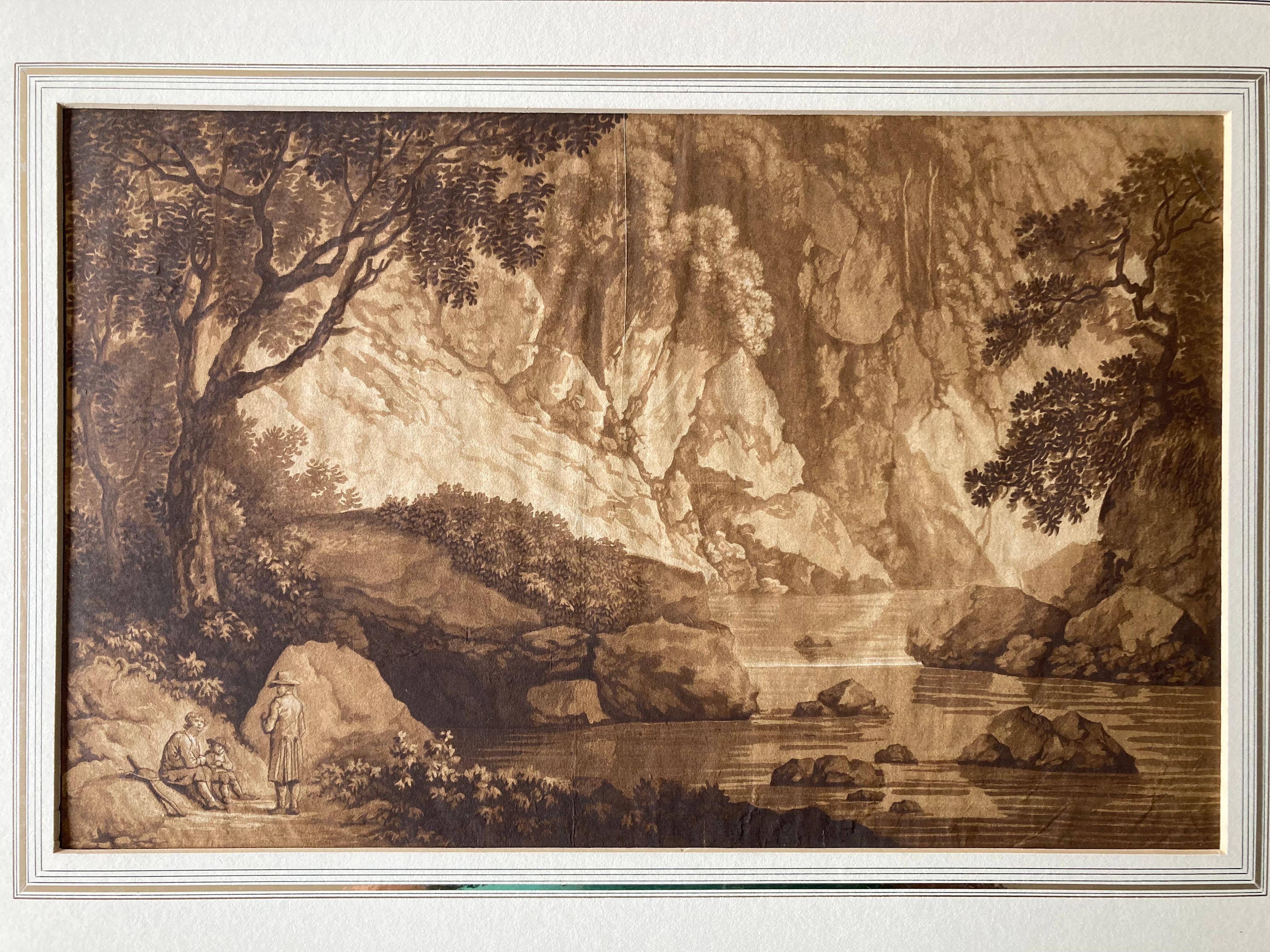 Mountainous Riverlandscape with resting Wanderers, German, Aquatint, old master - Romantic Art by Unknown