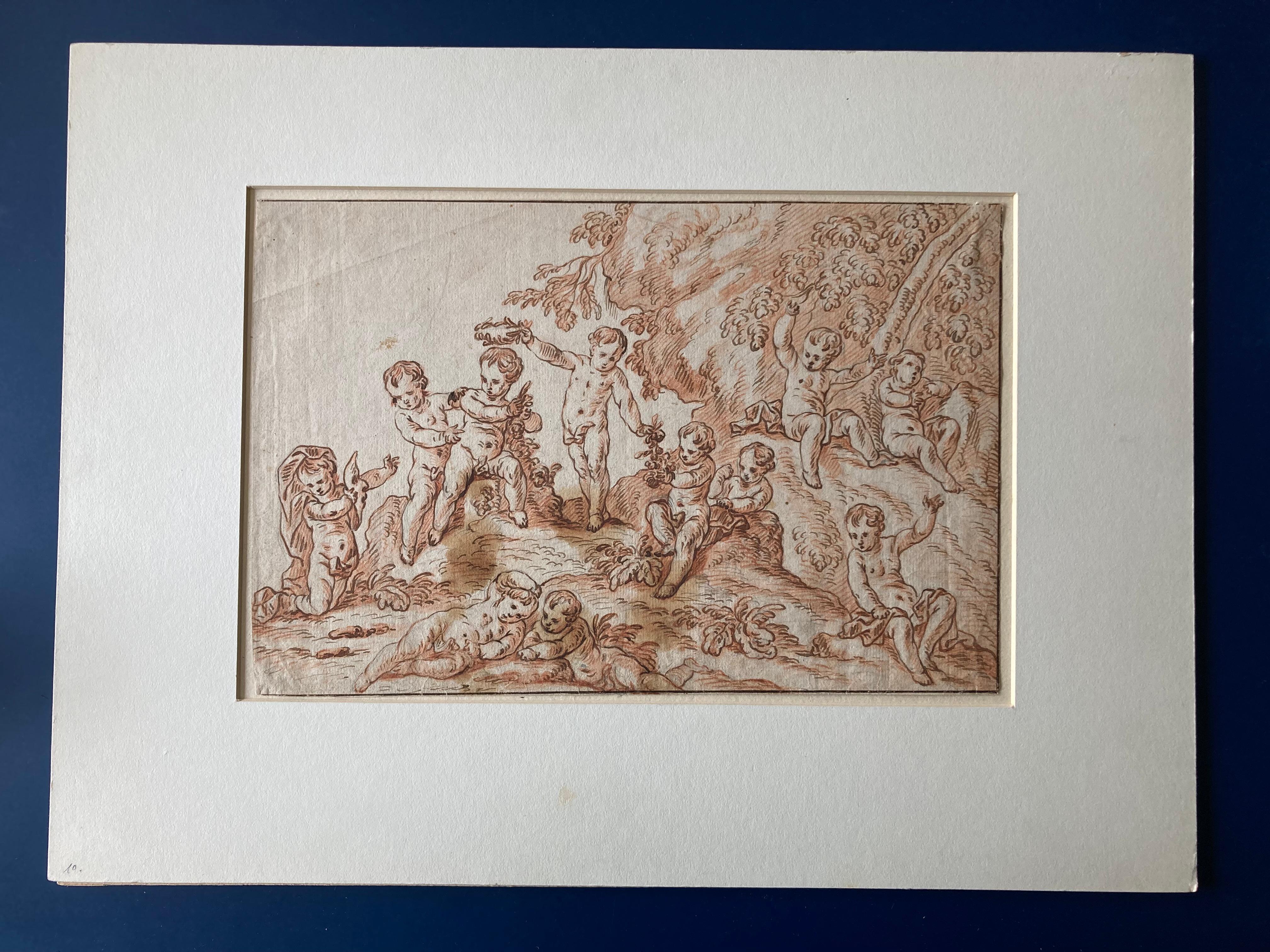 Pierre Berchet, Zeichnung von Putten, die in einer Landschaft spielen,
Maler dekorativer historischer Themen; ausgebildet bei La Fosse; arbeitete in Frankreich und in den 1690er Jahren in Großbritannien; schuf das Deckengemälde für die Kapelle des