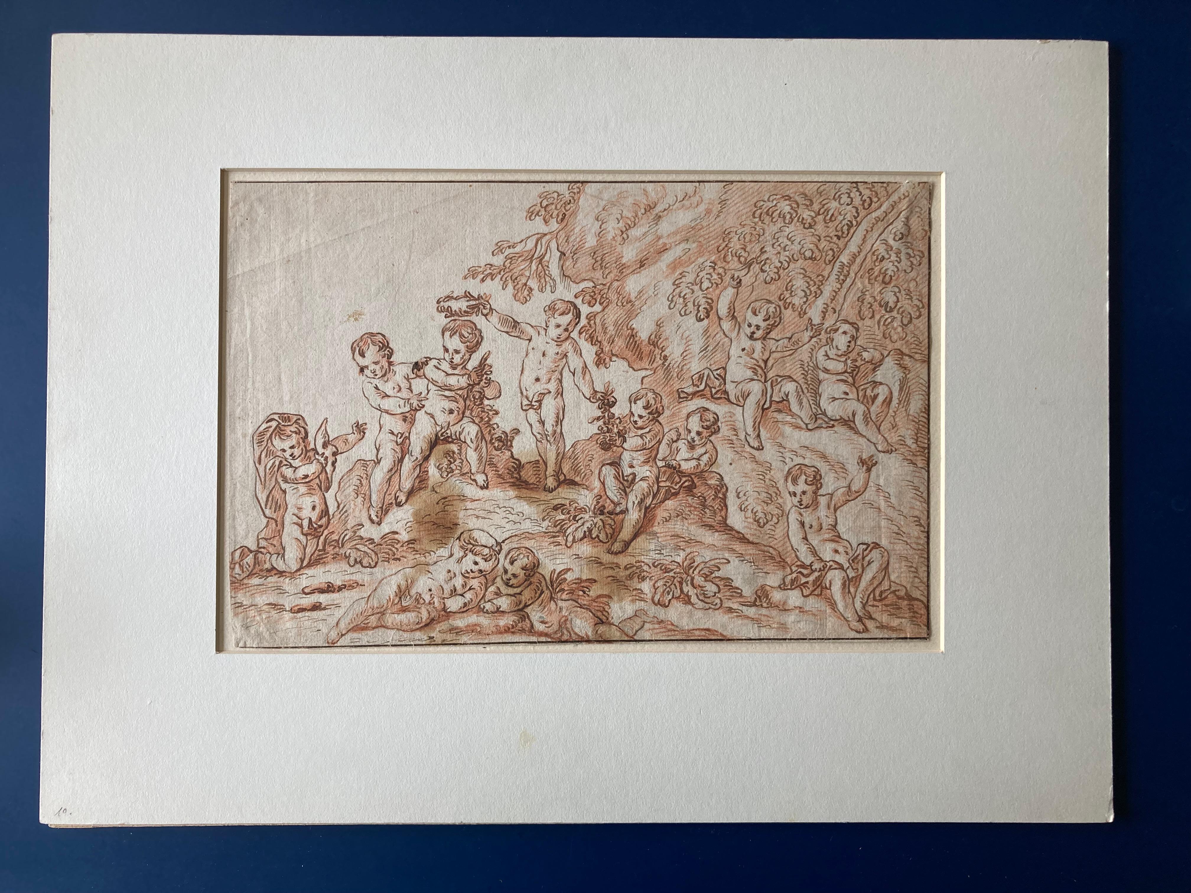 Putti in a Landscape, Putti playing, flowers, Berchet, French Art, Old Master For Sale 4