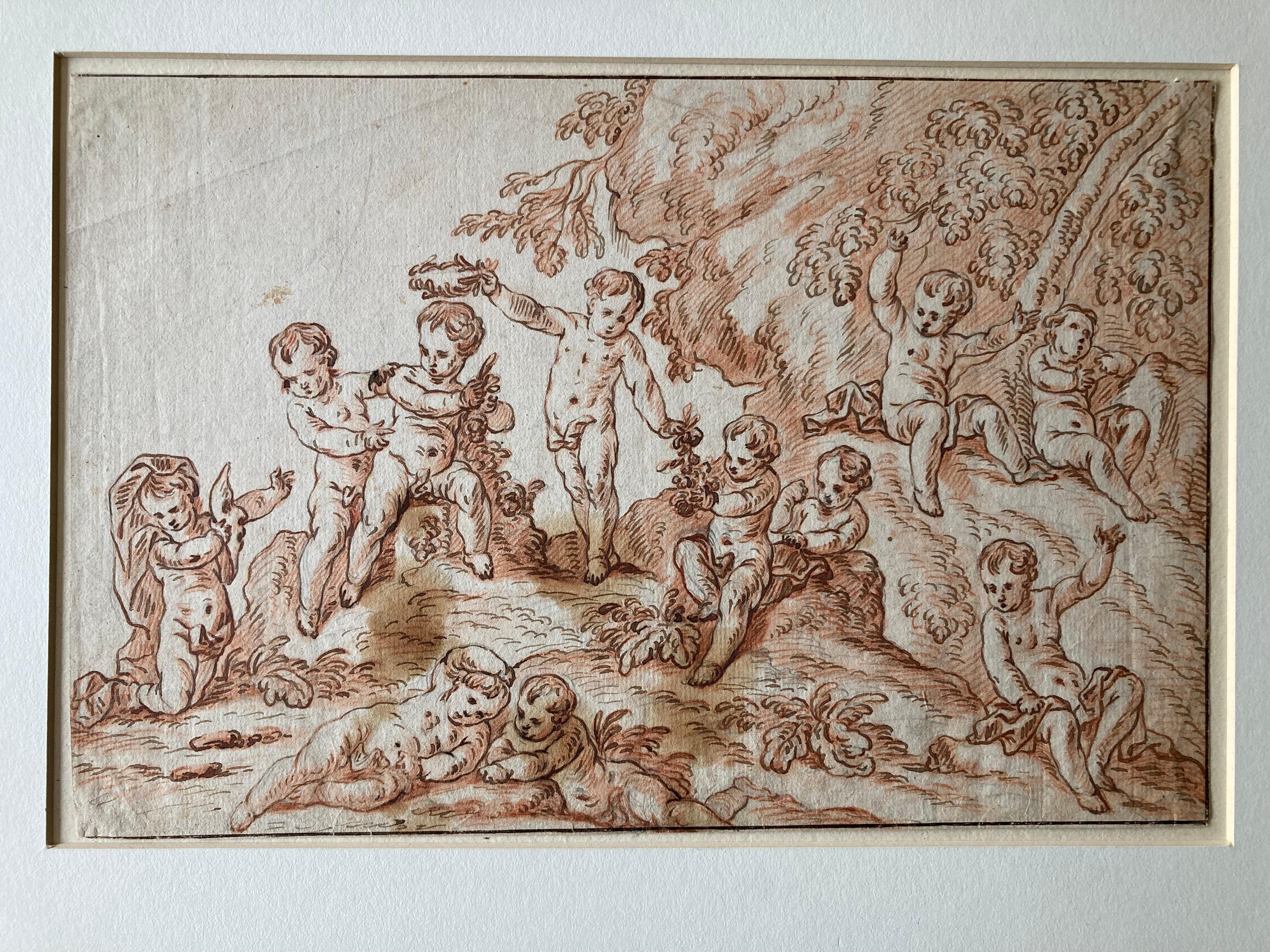 Putti in a Landscape, Putti playing, flowers, Berchet, French Art, Old Master For Sale 5