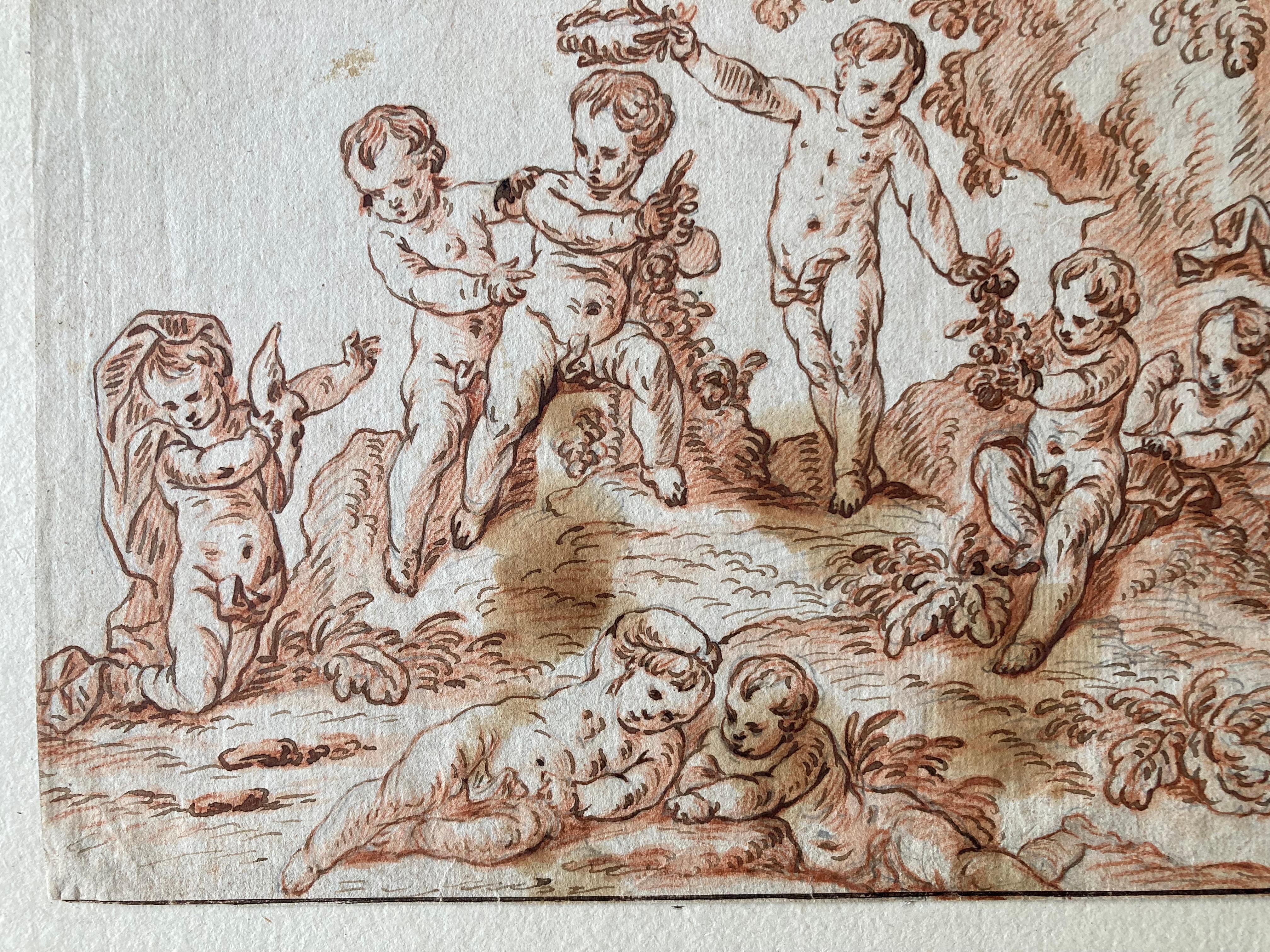Putti in a Landscape, Putti playing, flowers, Berchet, French Art, Old Master For Sale 10