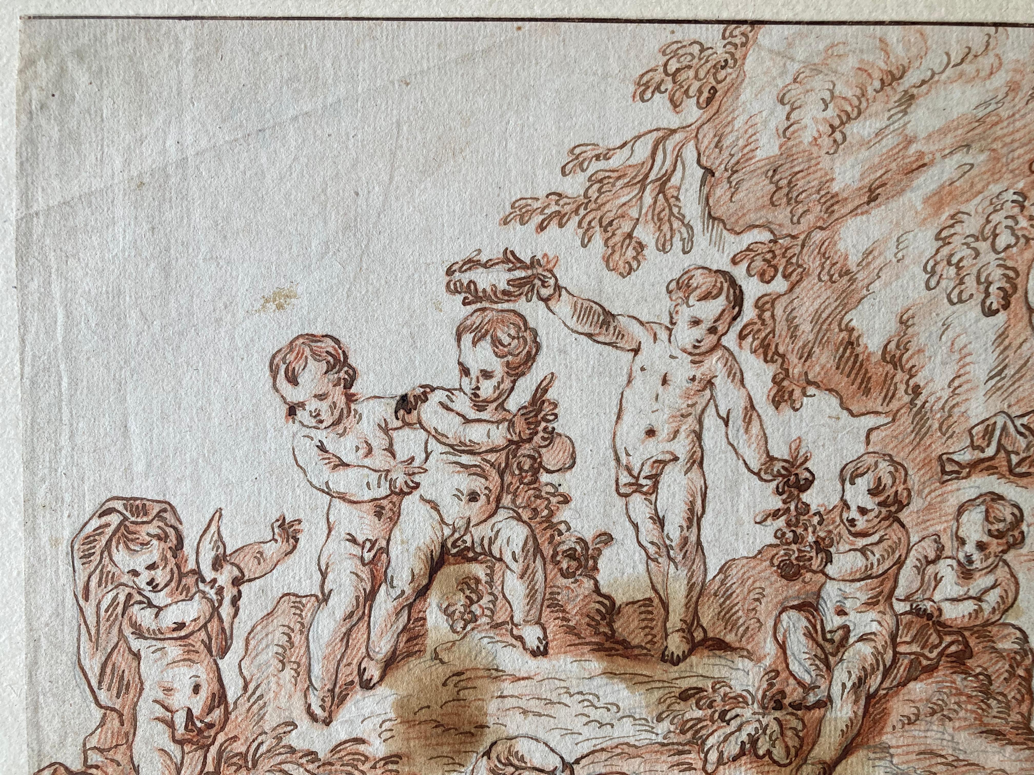 Putti in a Landscape, Putti playing, flowers, Berchet, French Art, Old Master For Sale 9