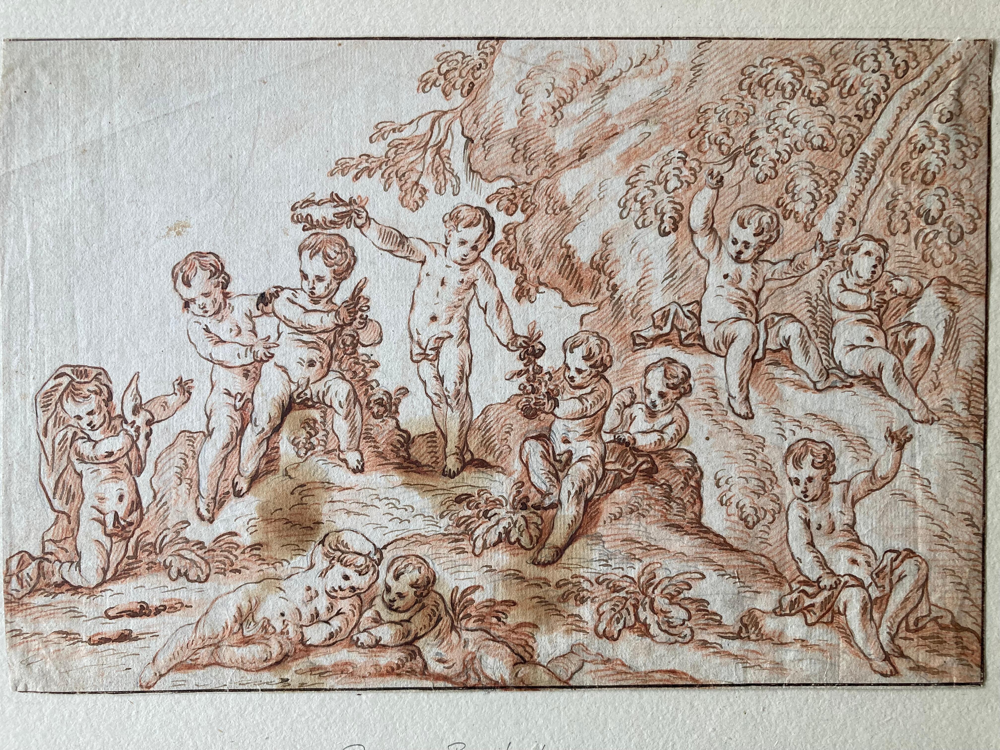Putti in a Landscape, Putti playing, flowers, Berchet, French Art, Old Master For Sale 8