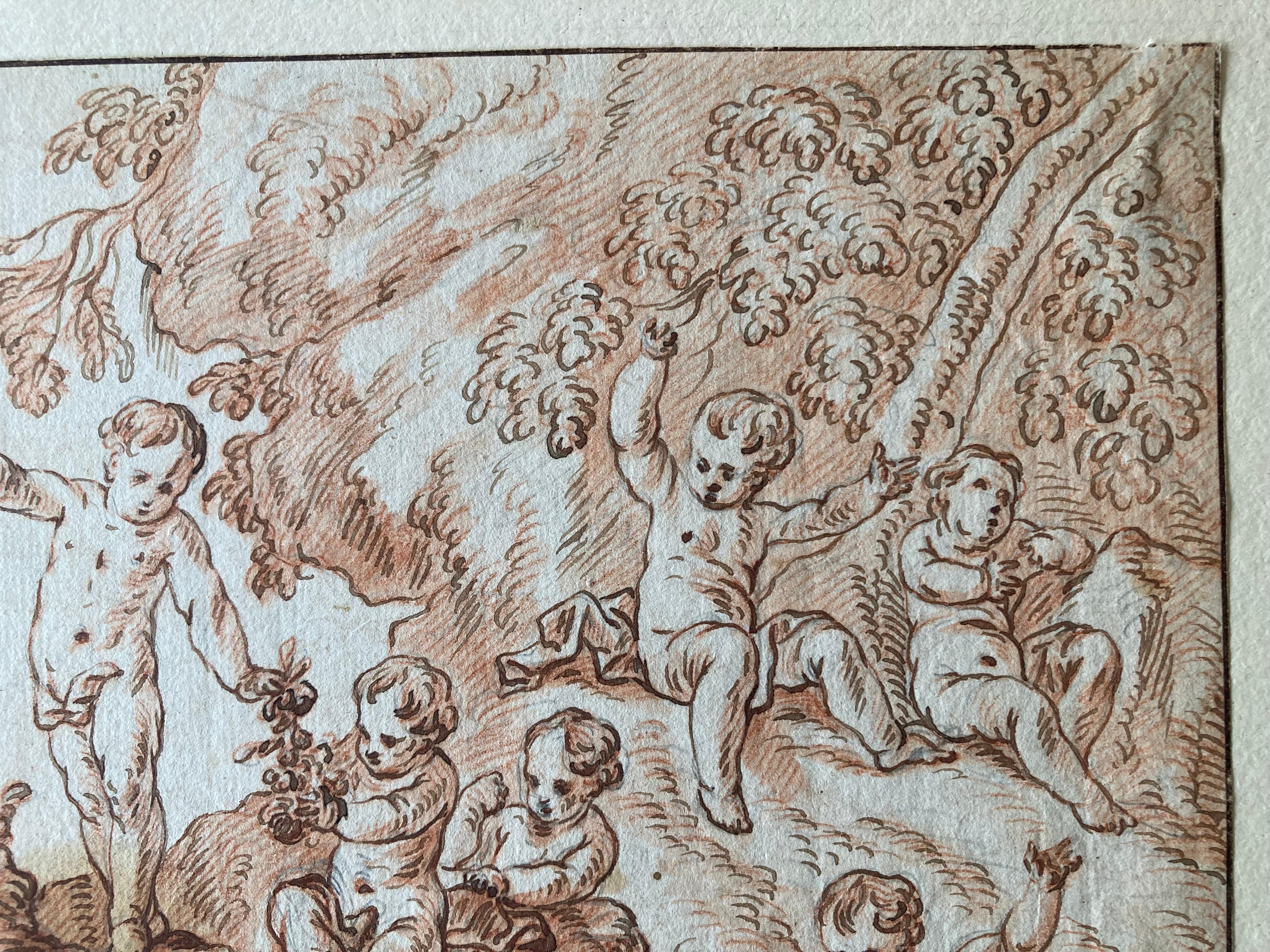 Putti in a Landscape, Putti playing, flowers, Berchet, French Art, Old Master For Sale 12