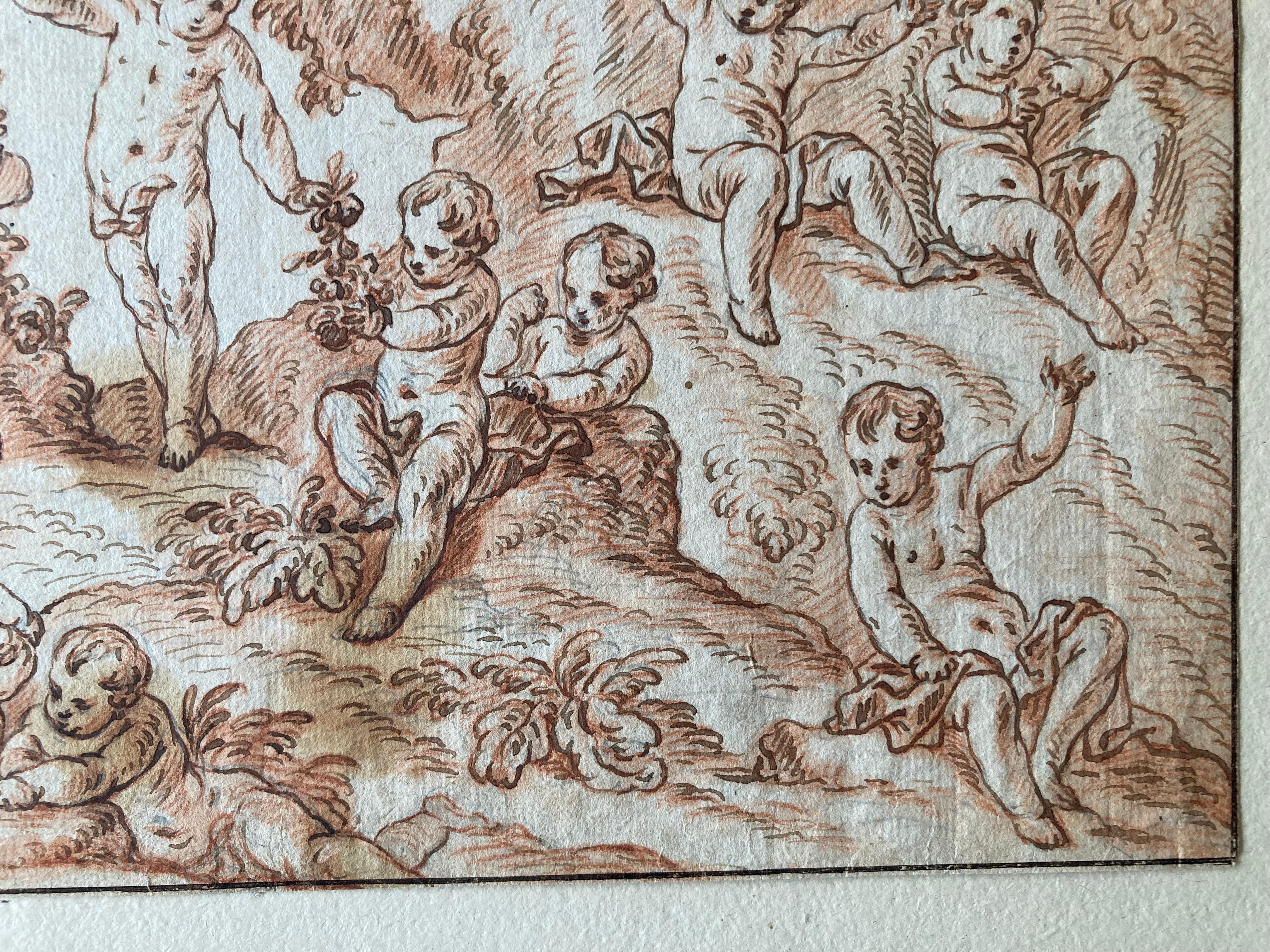 Putti in a Landscape, Putti playing, flowers, Berchet, French Art, Old Master For Sale 11