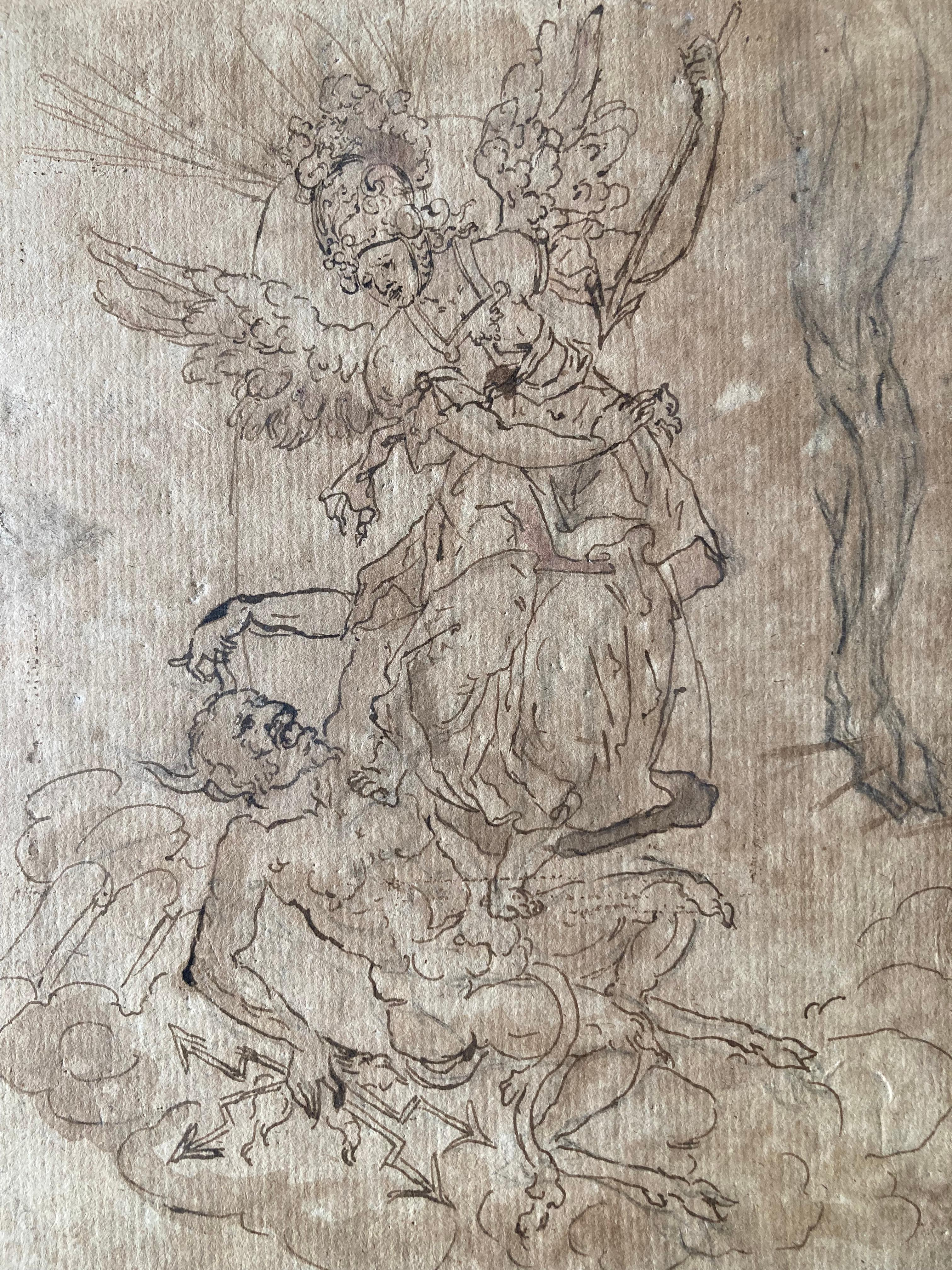 Southern German School, Circle of Sustris or Gundelach,
Archangel Michael defending the devil
Impressive Drawing on Paper (on the back glued behind)
Passepartout 52.6 x 38 cm
