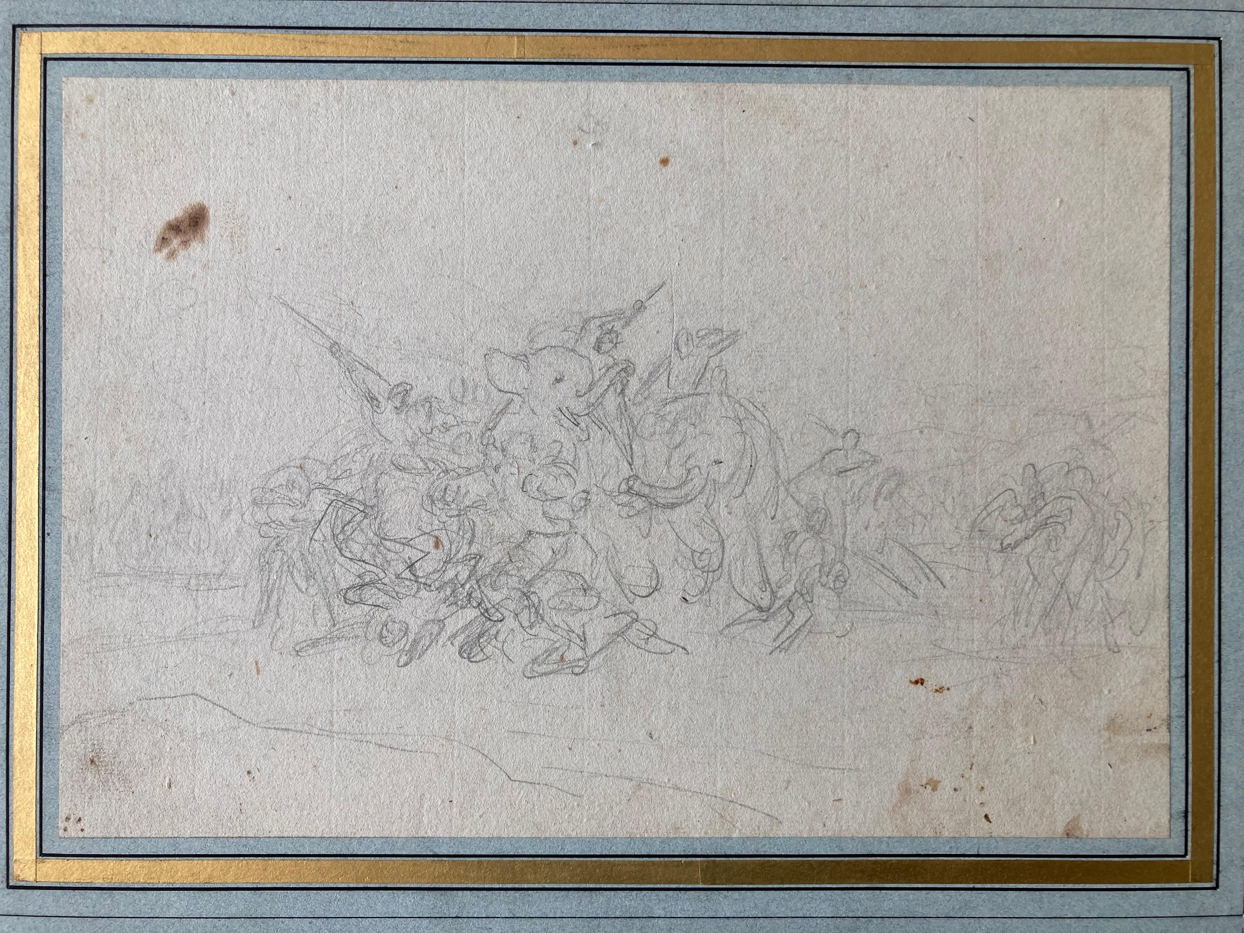 French Orientalist Art, Old Master Drawing Elephants, Hunt and Soldiers, Nature For Sale 1