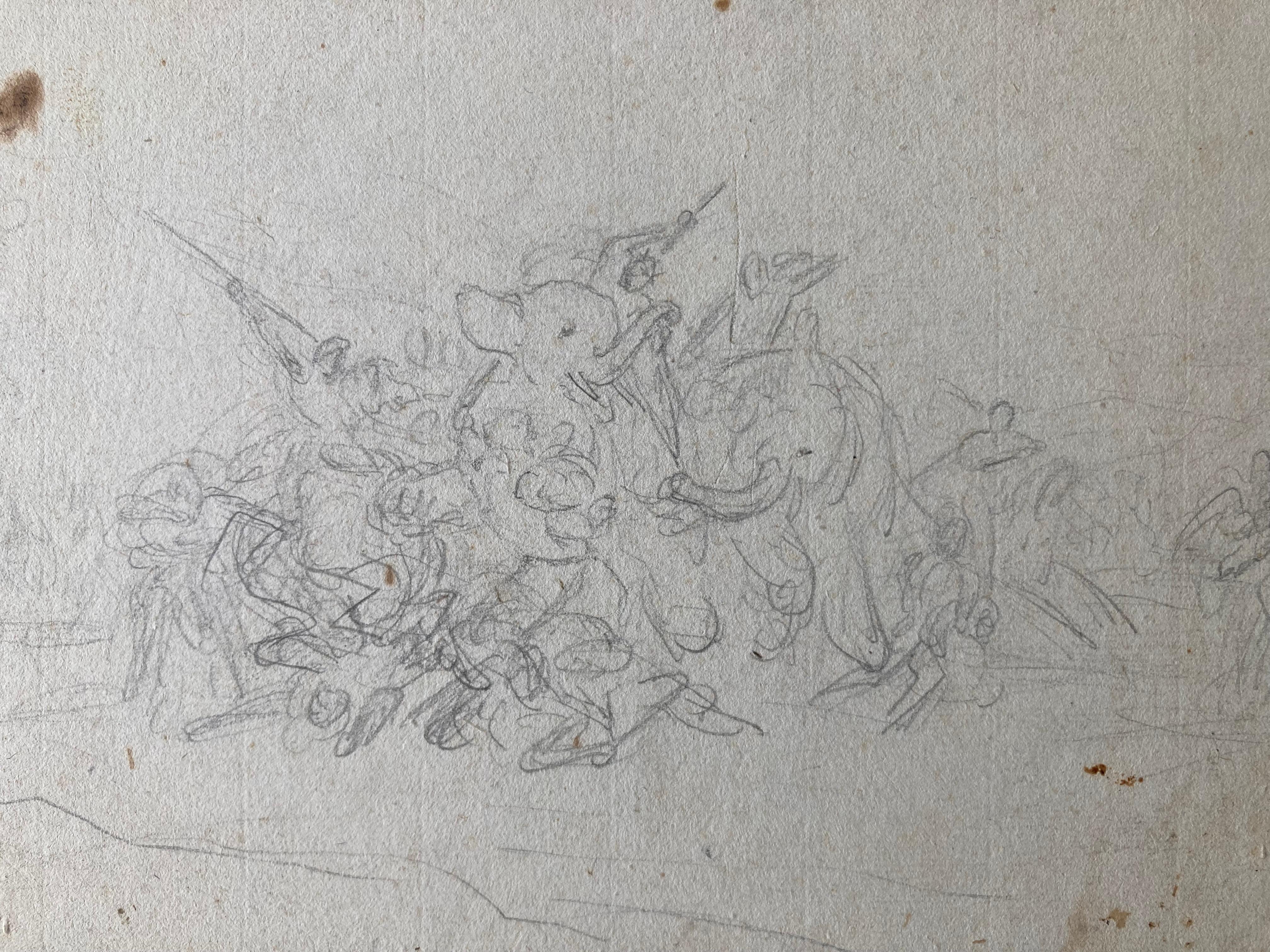 French Orientalist Art, Old Master Drawing Elephants, Hunt and Soldiers, Nature For Sale 3