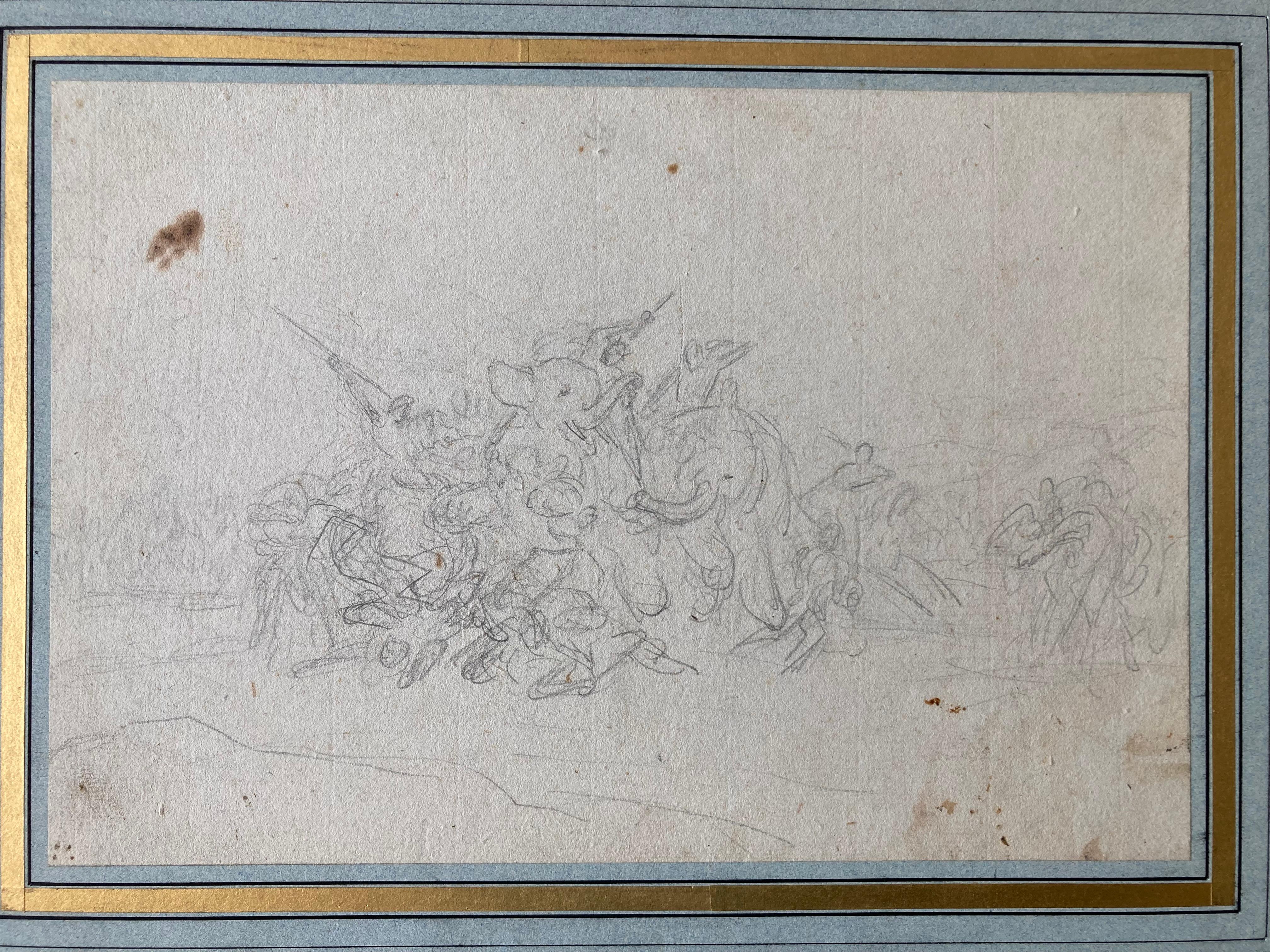 French Orientalist Art, Old Master Drawing Elephants, Hunt and Soldiers, Nature For Sale 2