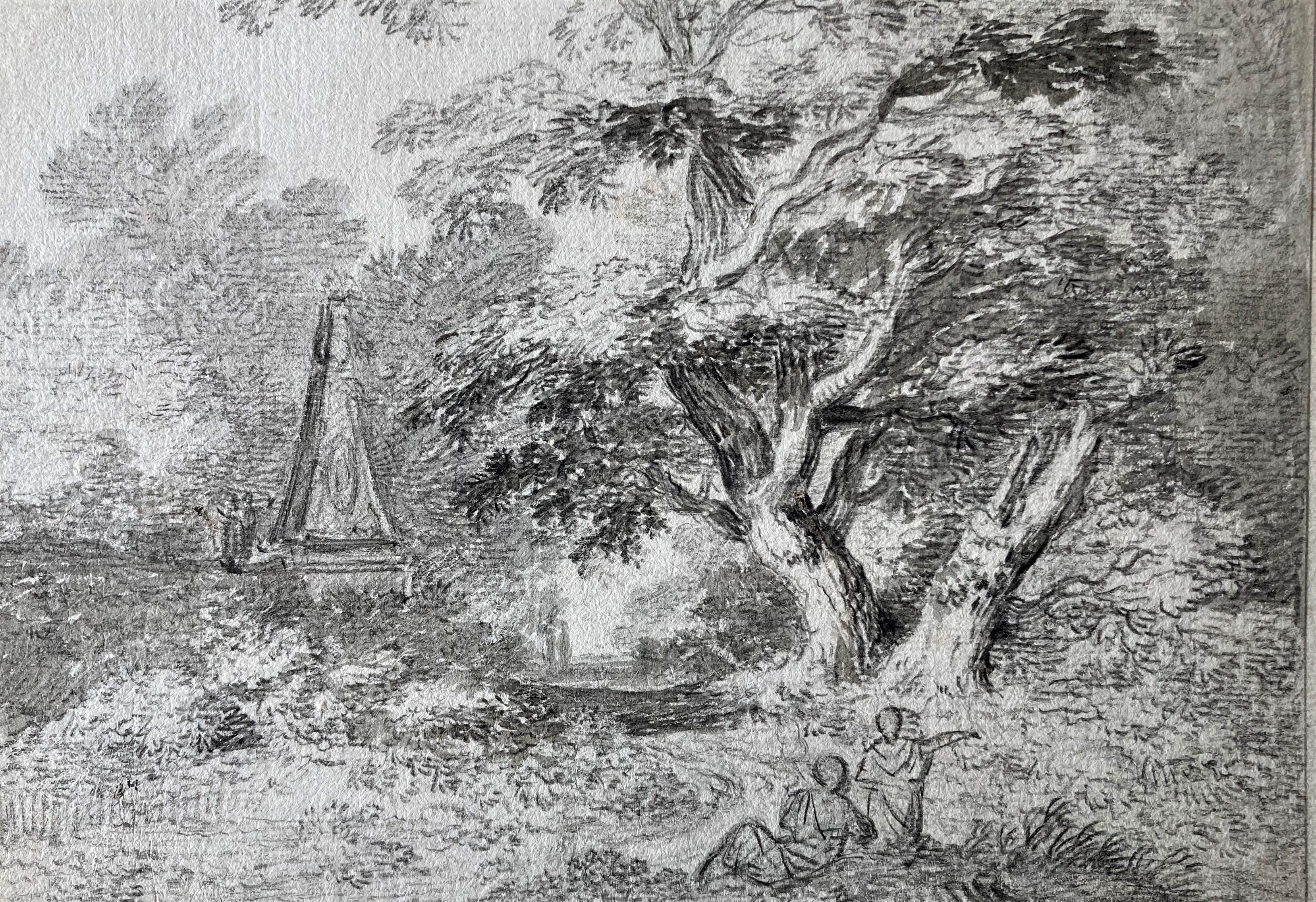 Eine Landschaftsszene mit zwei Figuren, einem großen Baum und einem Obelisken, English School im Angebot 1