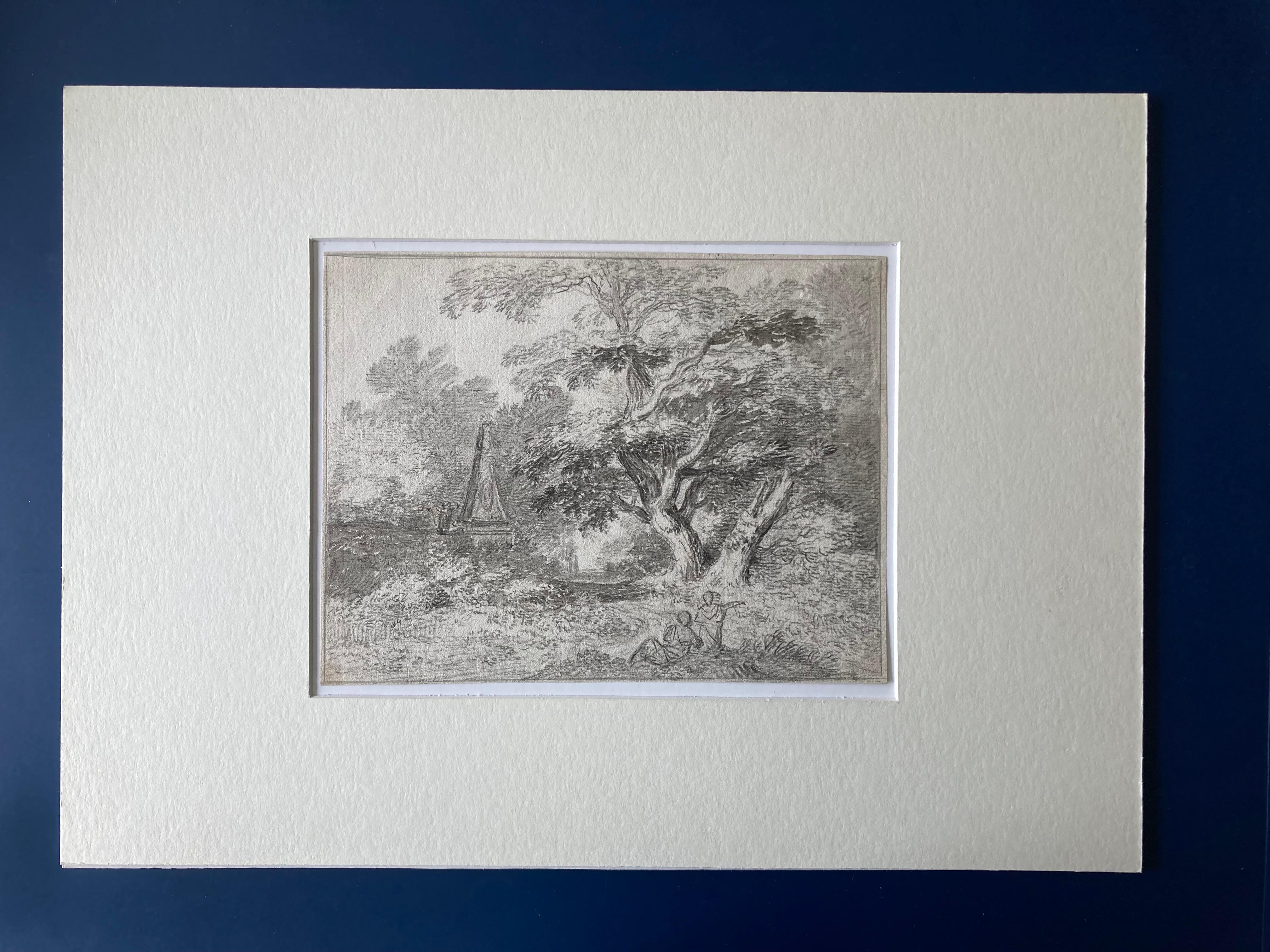 Eine Landschaftsszene mit zwei Figuren, einem großen Baum und einem Obelisken, English School (Grau), Landscape Art, von Unknown
