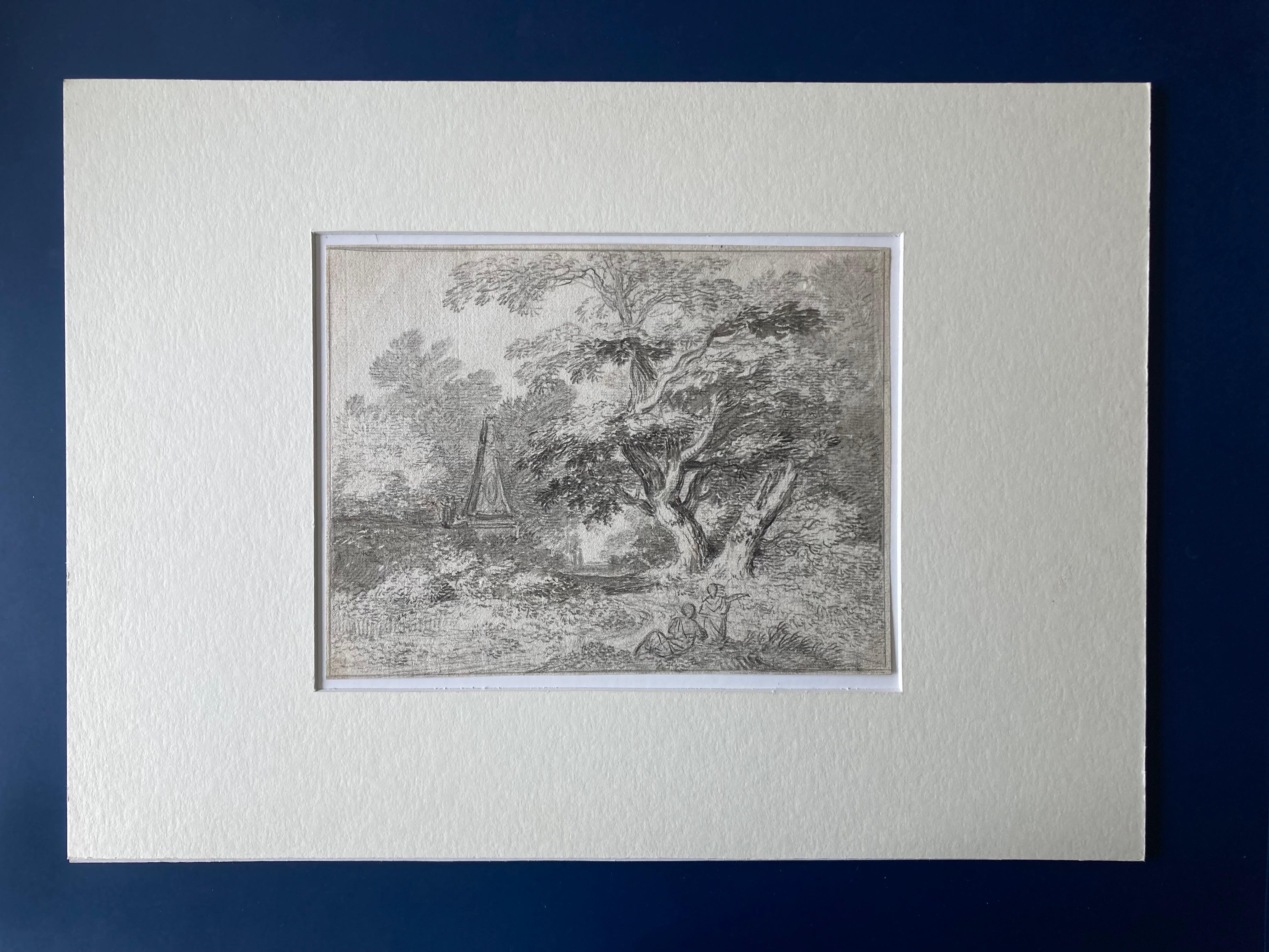 Scène de paysage avec deux personnages, un grand arbre et un obélisque, English School - Rococo Art par Unknown