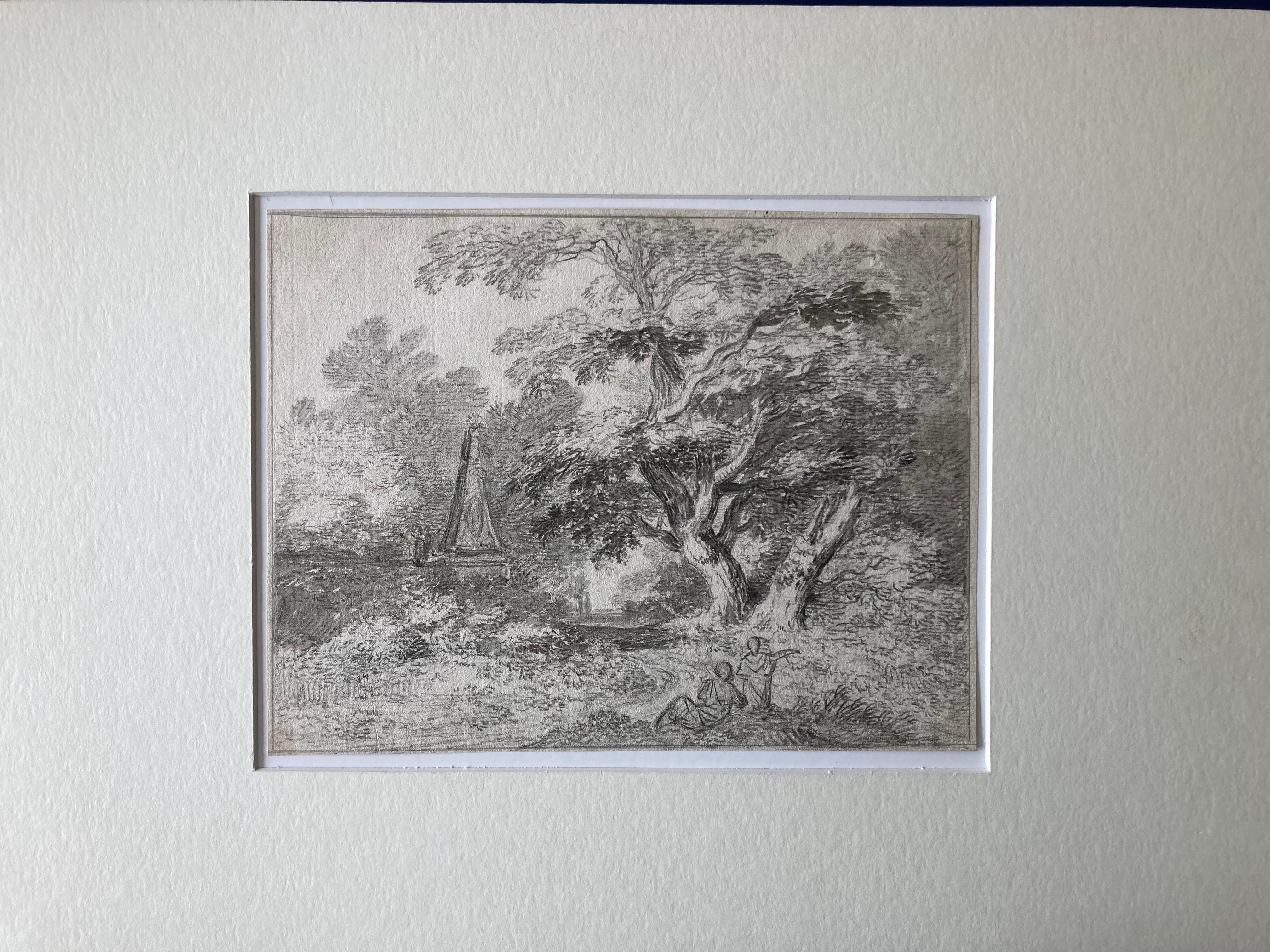 Scène de paysage, peut-être dans un parc, avec un grand arbre et un obélisque. Au premier plan, deux personnages sont représentés.
École anglaise
portant l'inscription 
