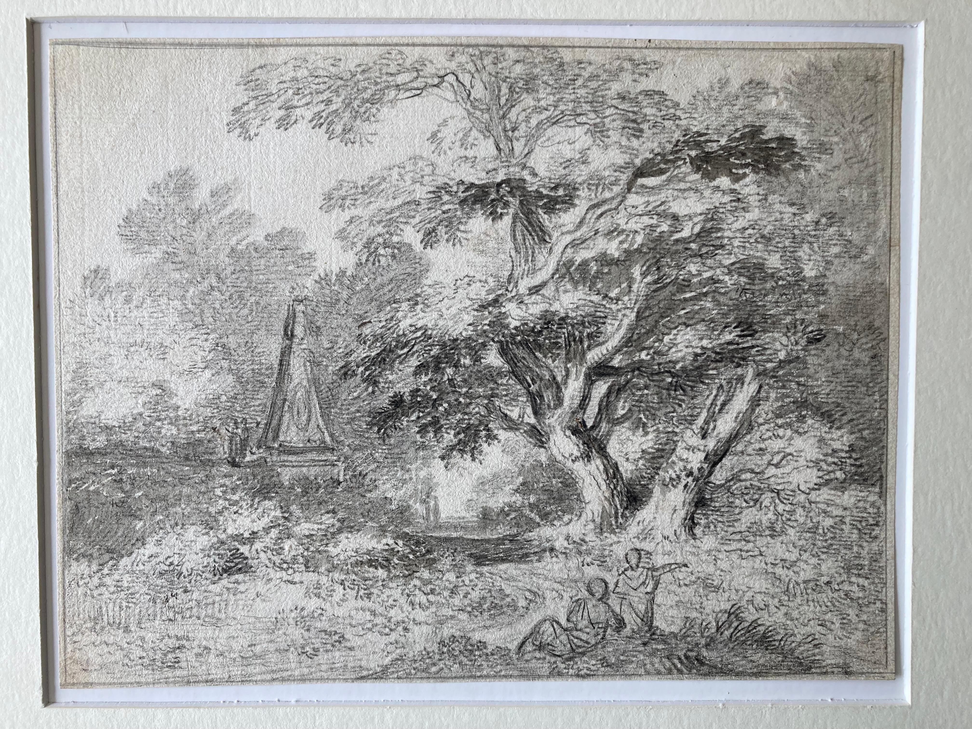 Eine Landschaftsszene mit zwei Figuren, einem großen Baum und einem Obelisken, English School im Angebot 2