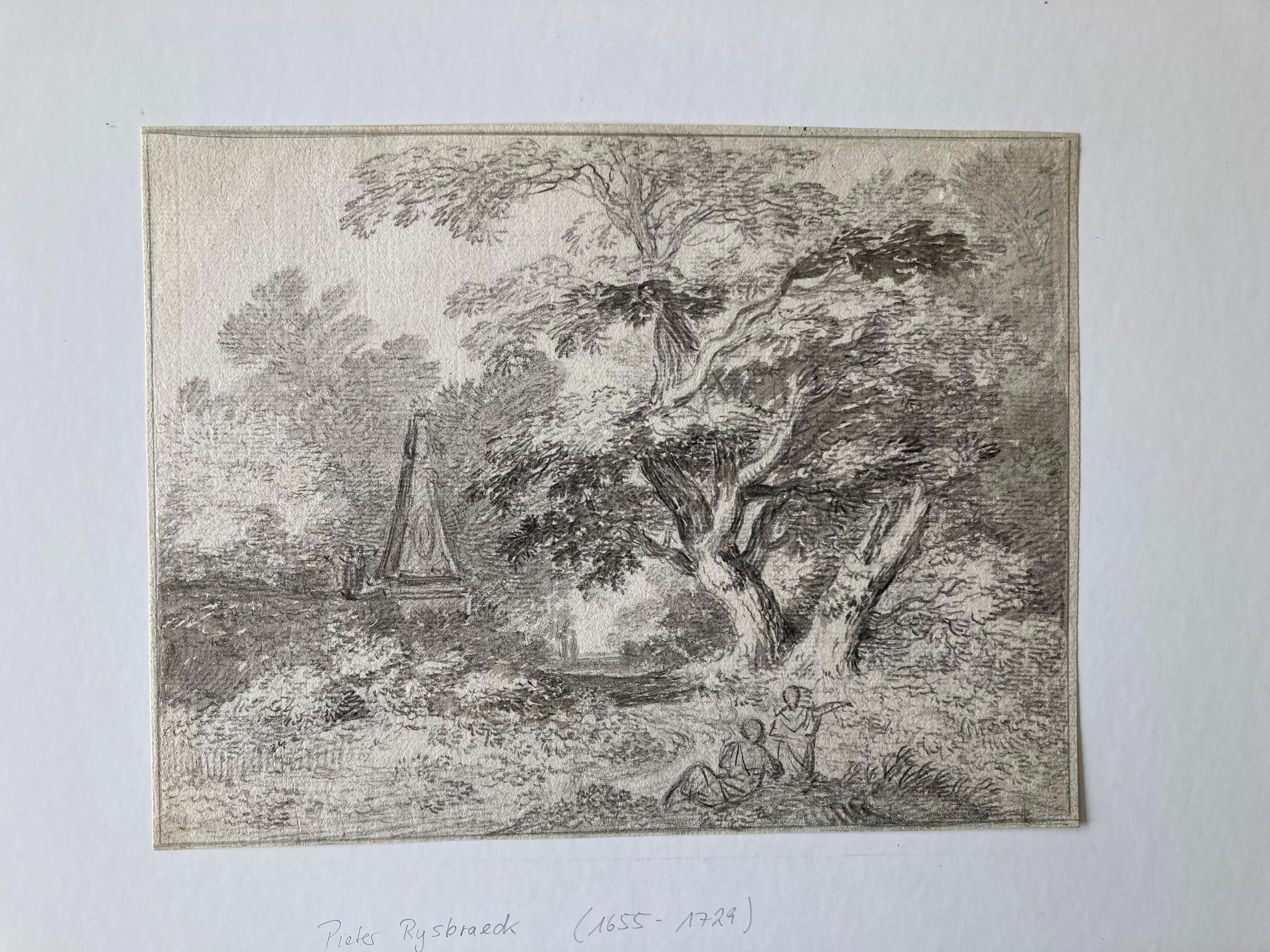 Eine Landschaftsszene mit zwei Figuren, einem großen Baum und einem Obelisken, English School im Angebot 7