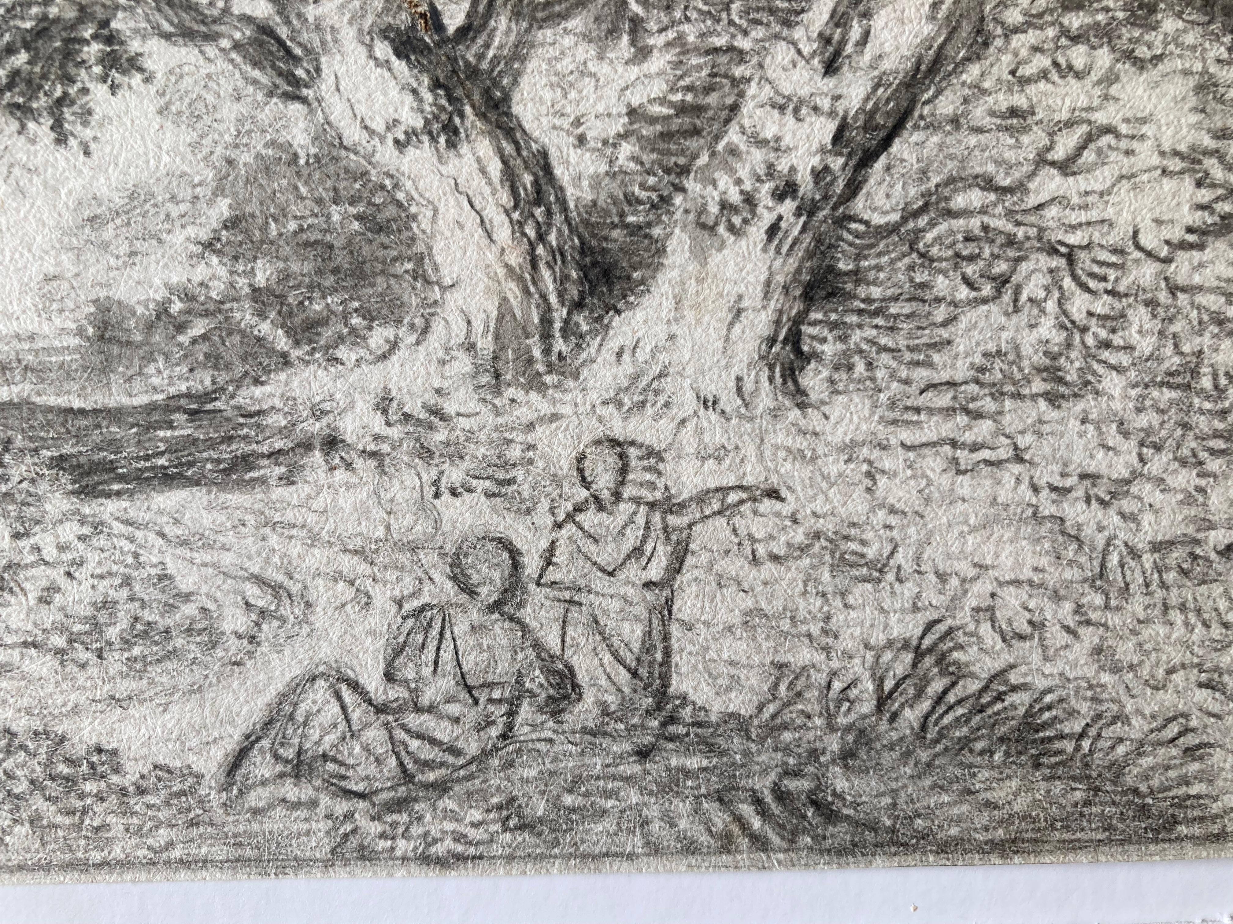 Eine Landschaftsszene mit zwei Figuren, einem großen Baum und einem Obelisken, English School im Angebot 5