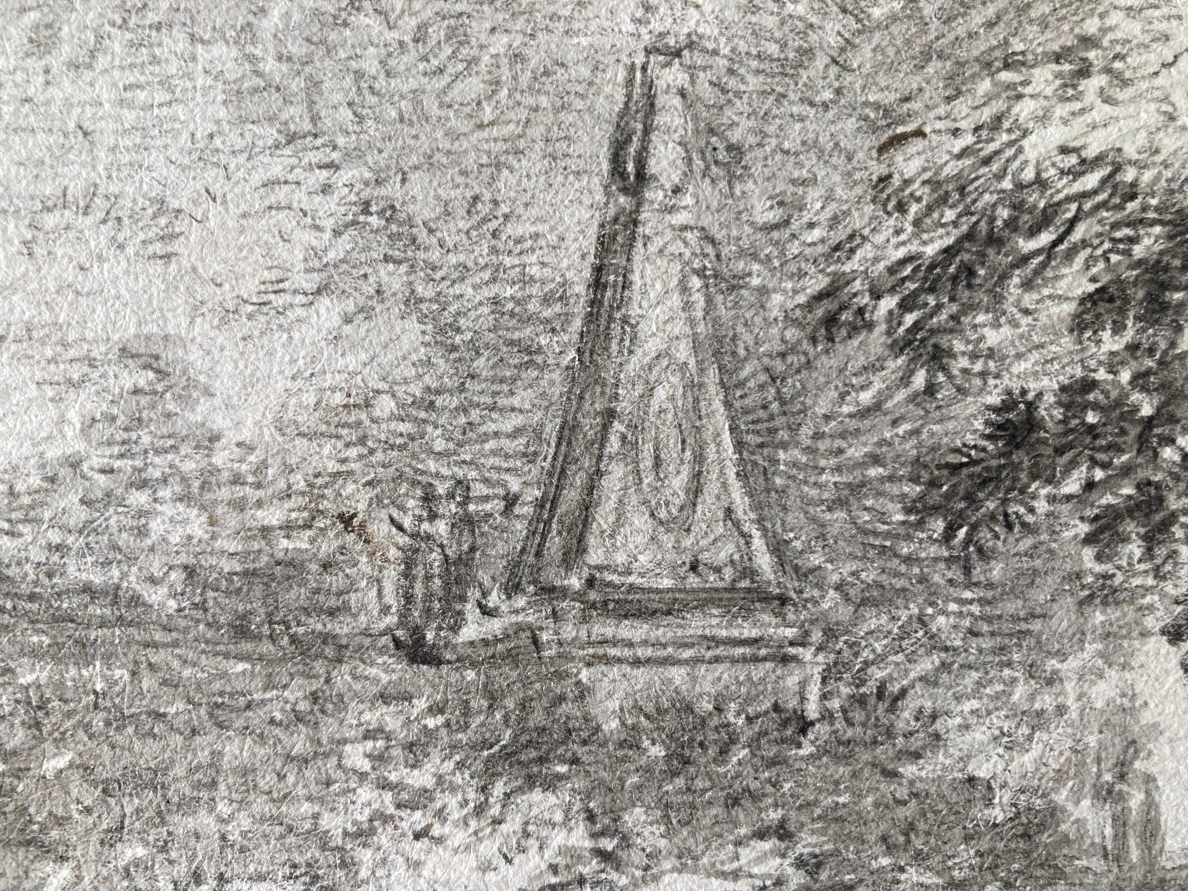 Eine Landschaftsszene mit zwei Figuren, einem großen Baum und einem Obelisken, English School im Angebot 6
