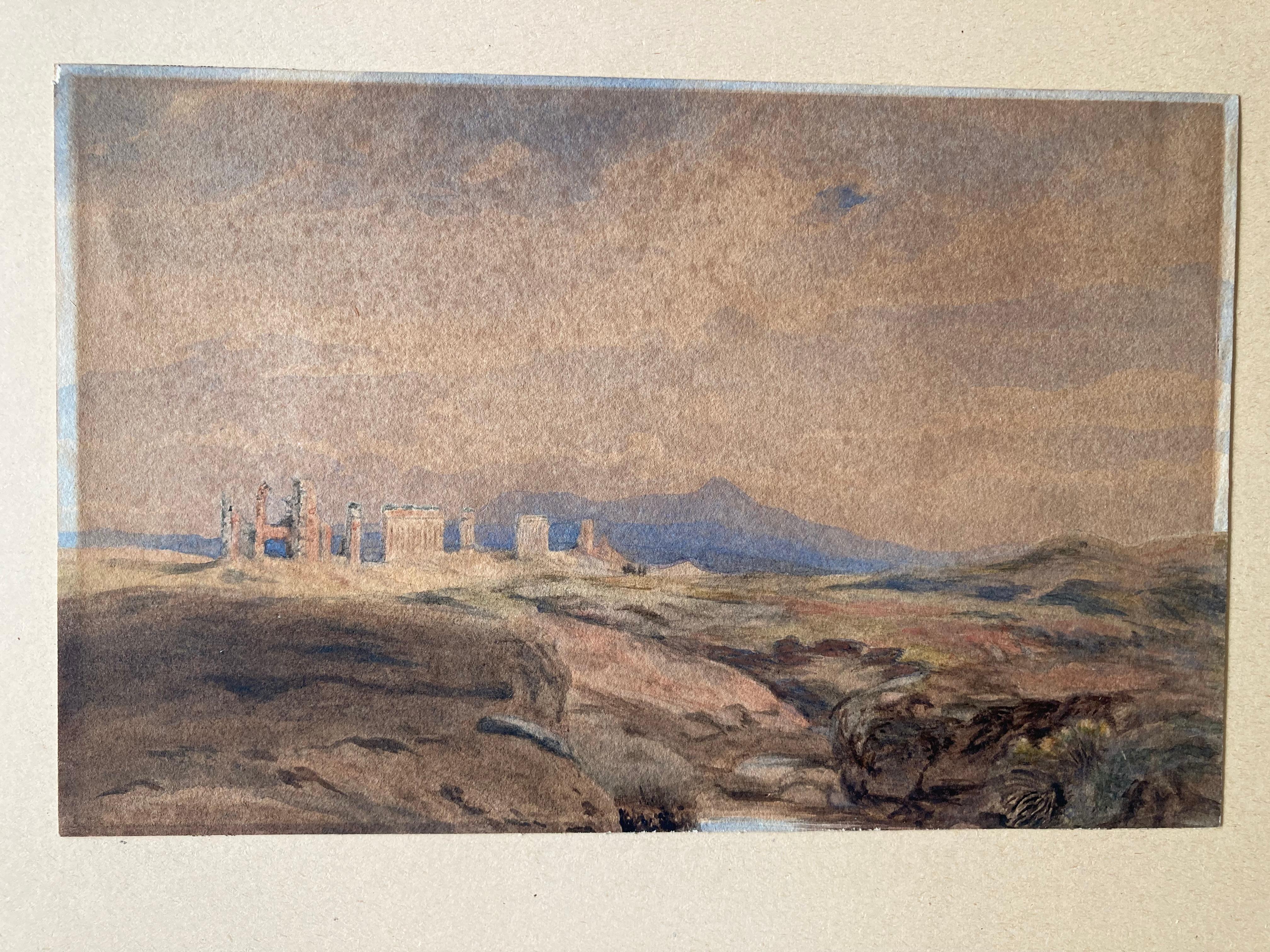 Circle of Carl Rottmann,
Extensive View of a Greek or Italian Landscape, with Ruins of  Antique Temples
Watercolor and Graphite
In a passepartout 56.5 x 43.2 cm
There is an overall change of color  (see photos)
on the back inscribed 