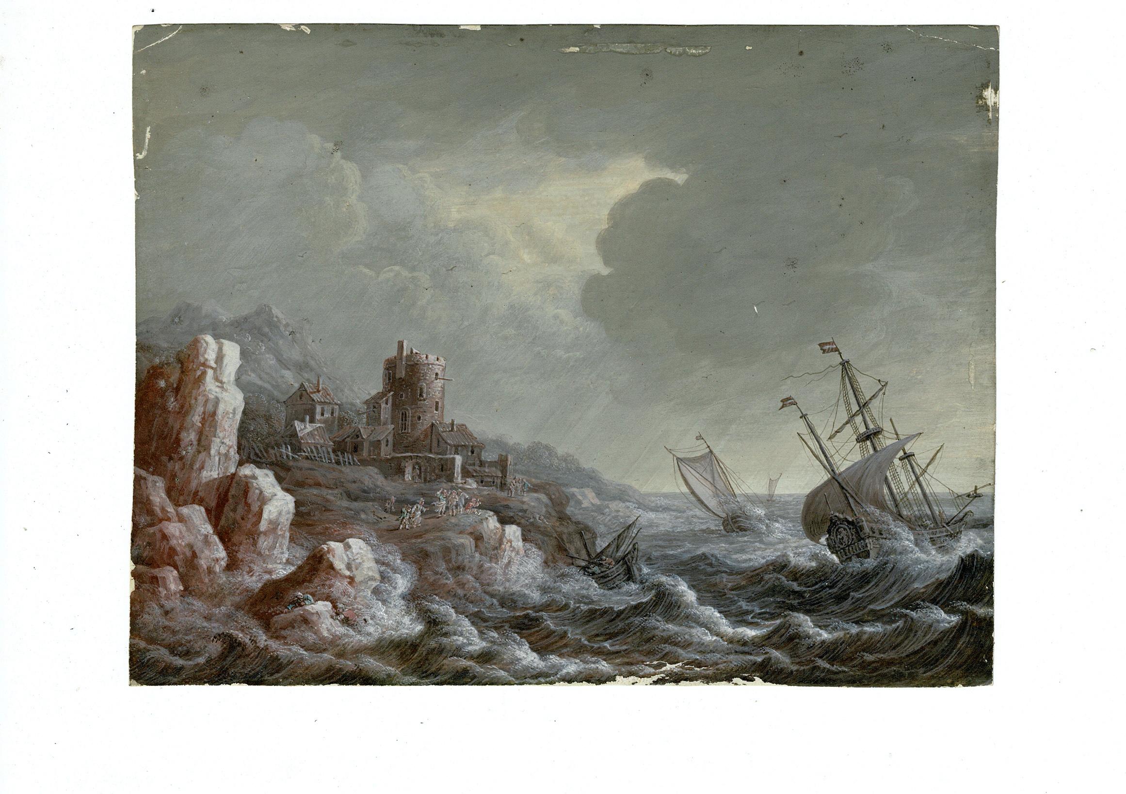 Niederländische Schule, Marine, Küstenszene mit Schiffen im Sturm (Grau), Landscape Art, von Unknown