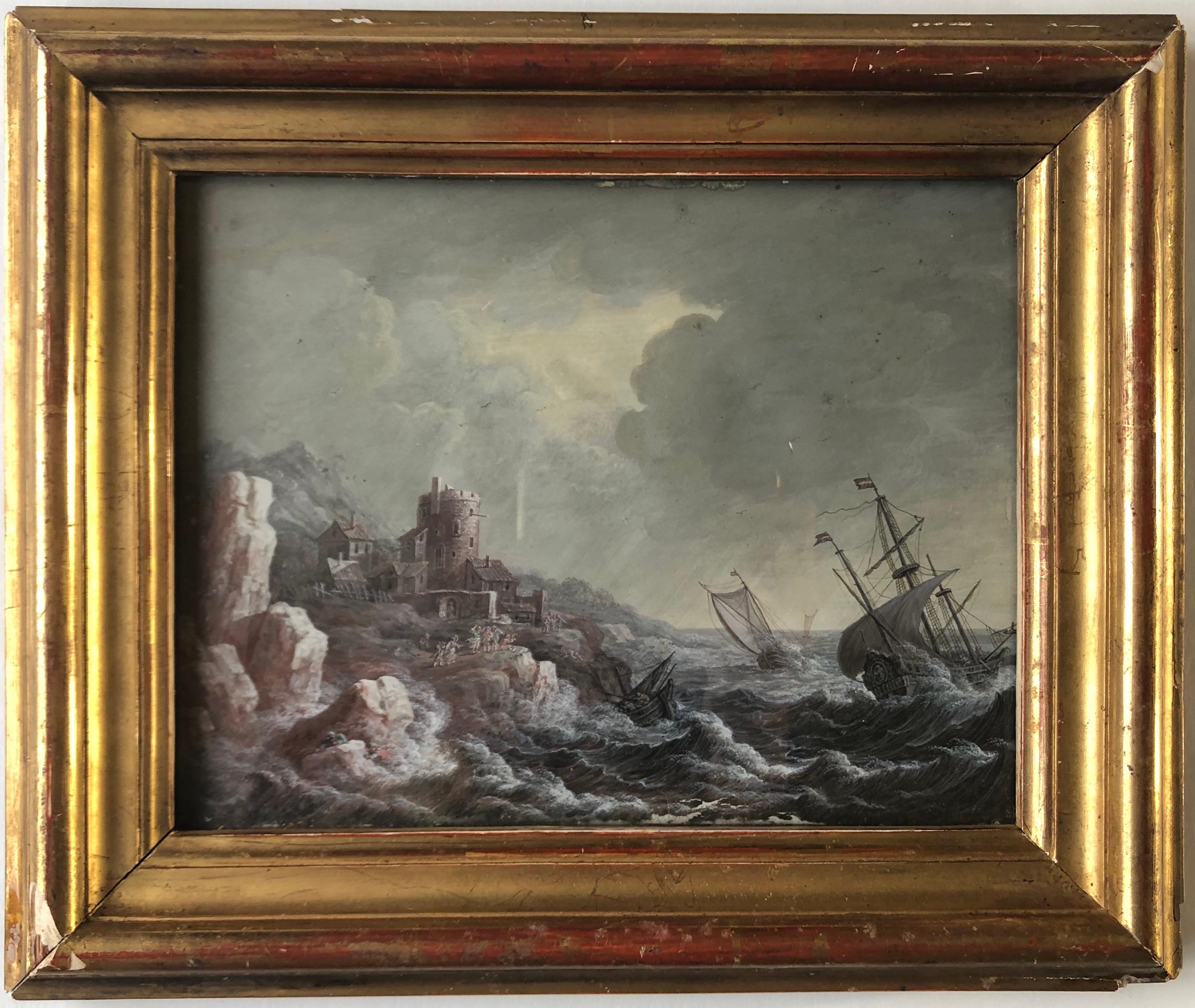 École néerlandaise, marine, scène côtière avec navires en tempête - Baroque Art par Unknown