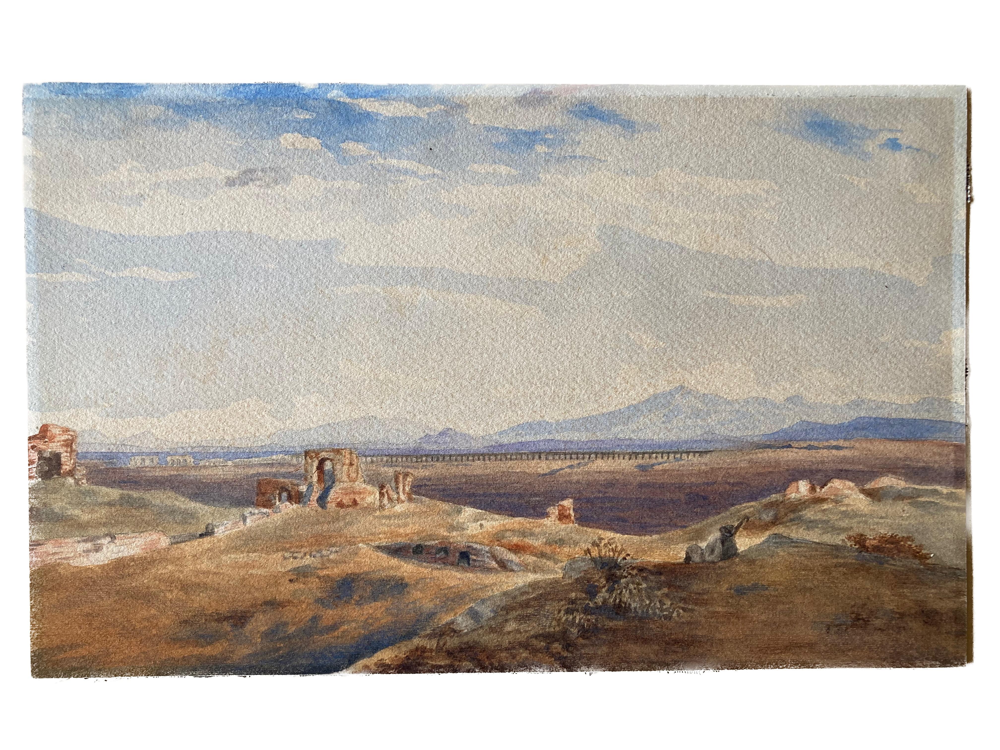 Edward Lear, vaste paysage grec italien, ruines antiques, Campagna di Roma en vente 2