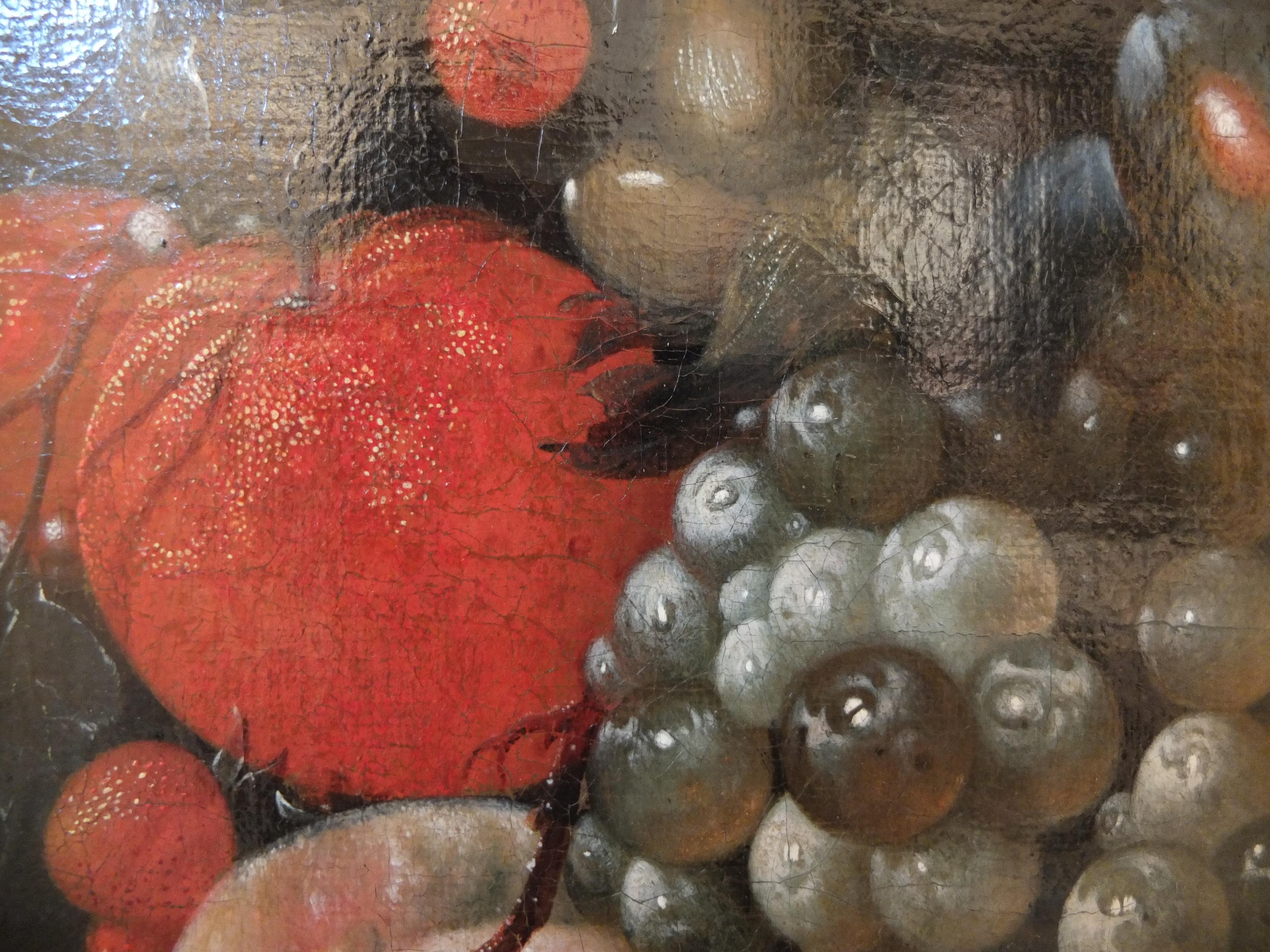 Provenance
Private collection, Germany until 2018
The work has been reviewed by Fred Meijer.

A festoon of fruits is attached to a blue ribbon on an iron nail. This is composed of light grapes, oranges, peaches, cherries, red berries, plums and