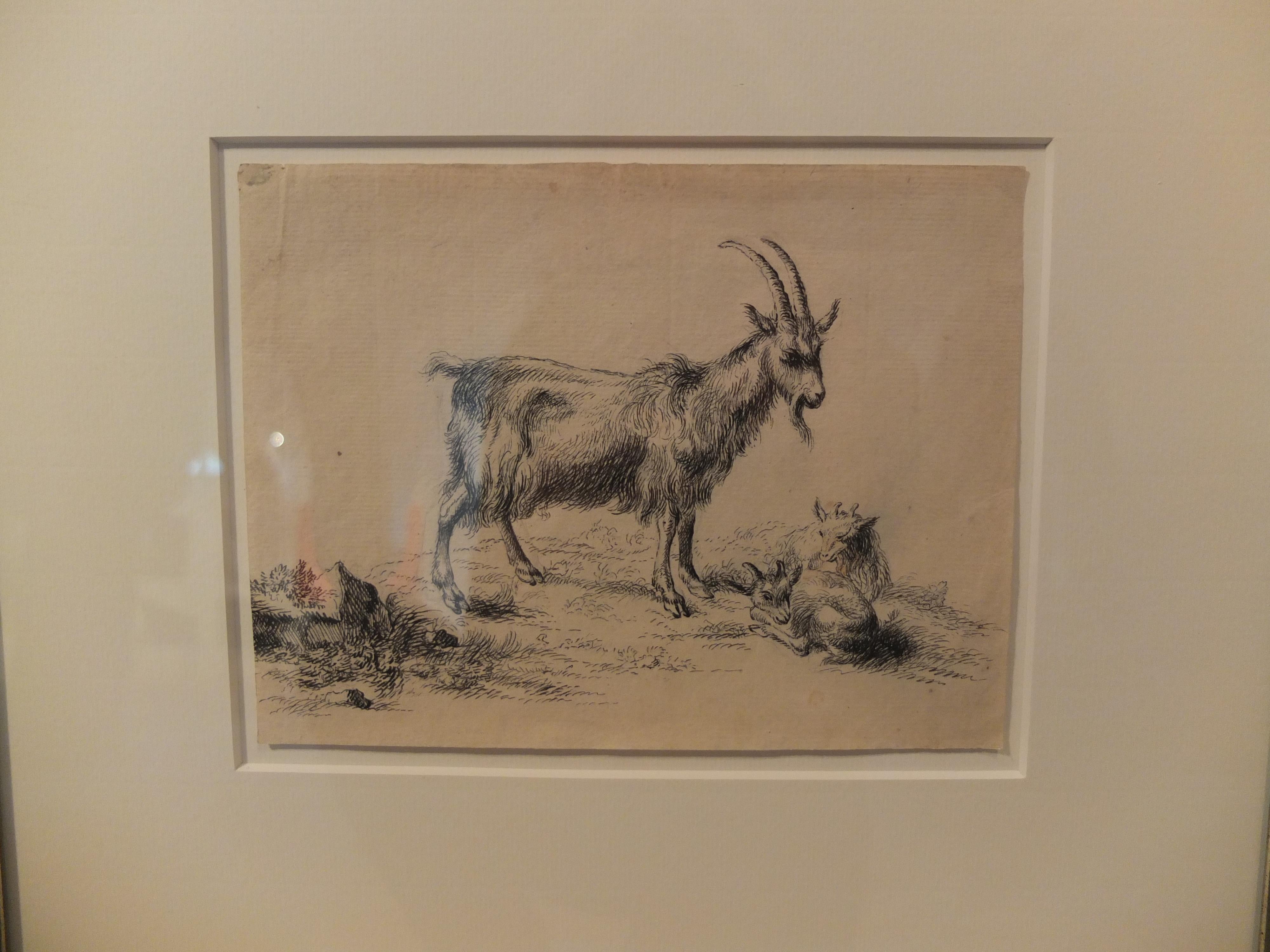 Goat Babies Animals, 17th Century, Old Master Drawing, After Berchem, Dutch - Beige Animal Art by (After) Nicolaes Berchem