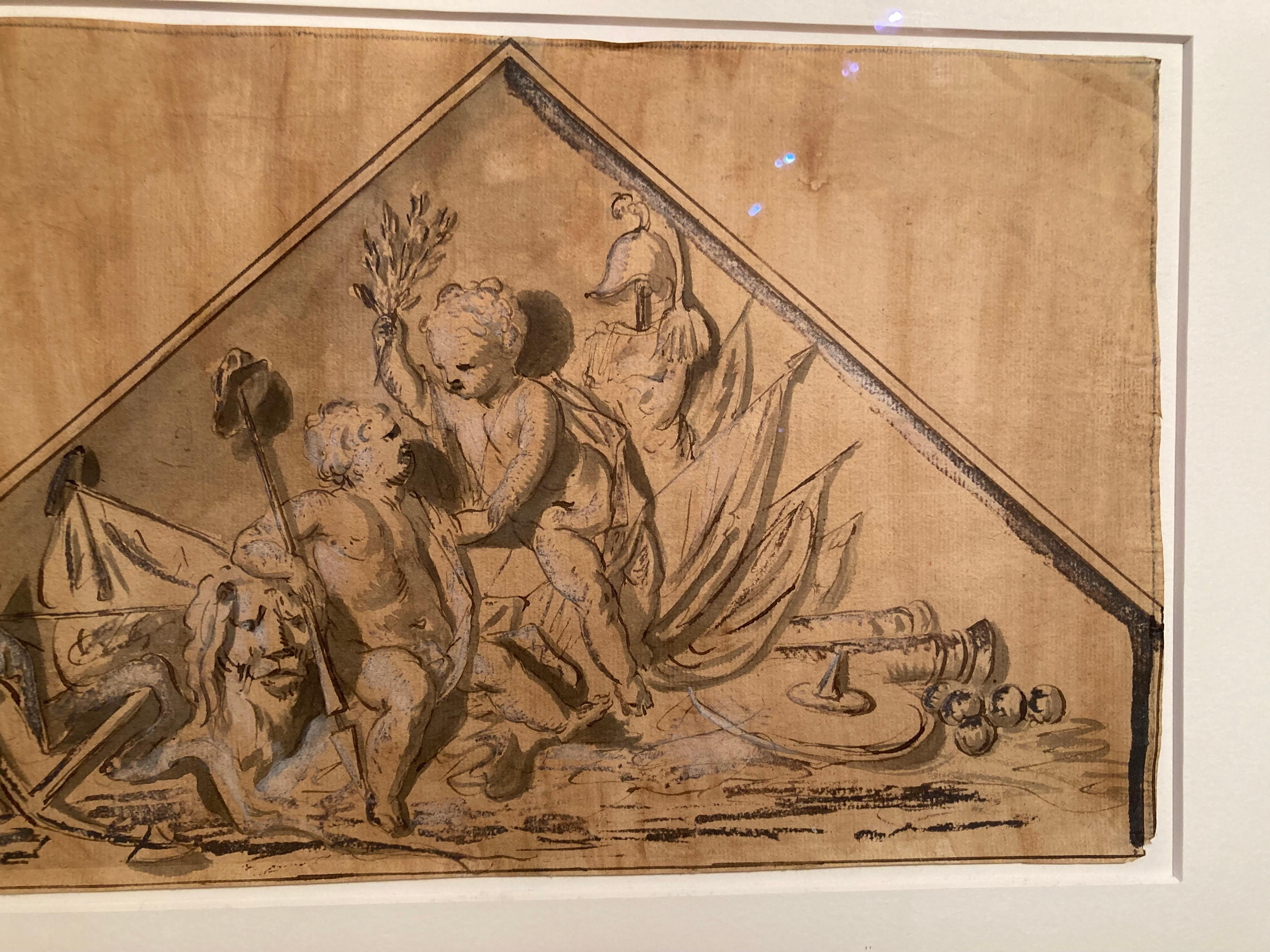 Zeichnung Alter Meister, Barock, Jacob de Wit, Allegorie des Sieges, Putten, Schiffe im Angebot 1