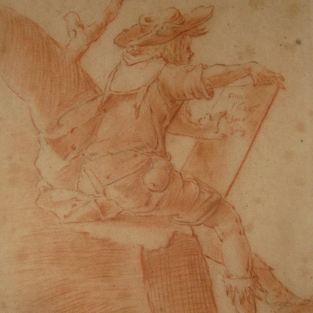 Motif de dessin de maître ancien, artiste autoportrait, figuratif, XVIIe siècle, Allemagne en vente 3