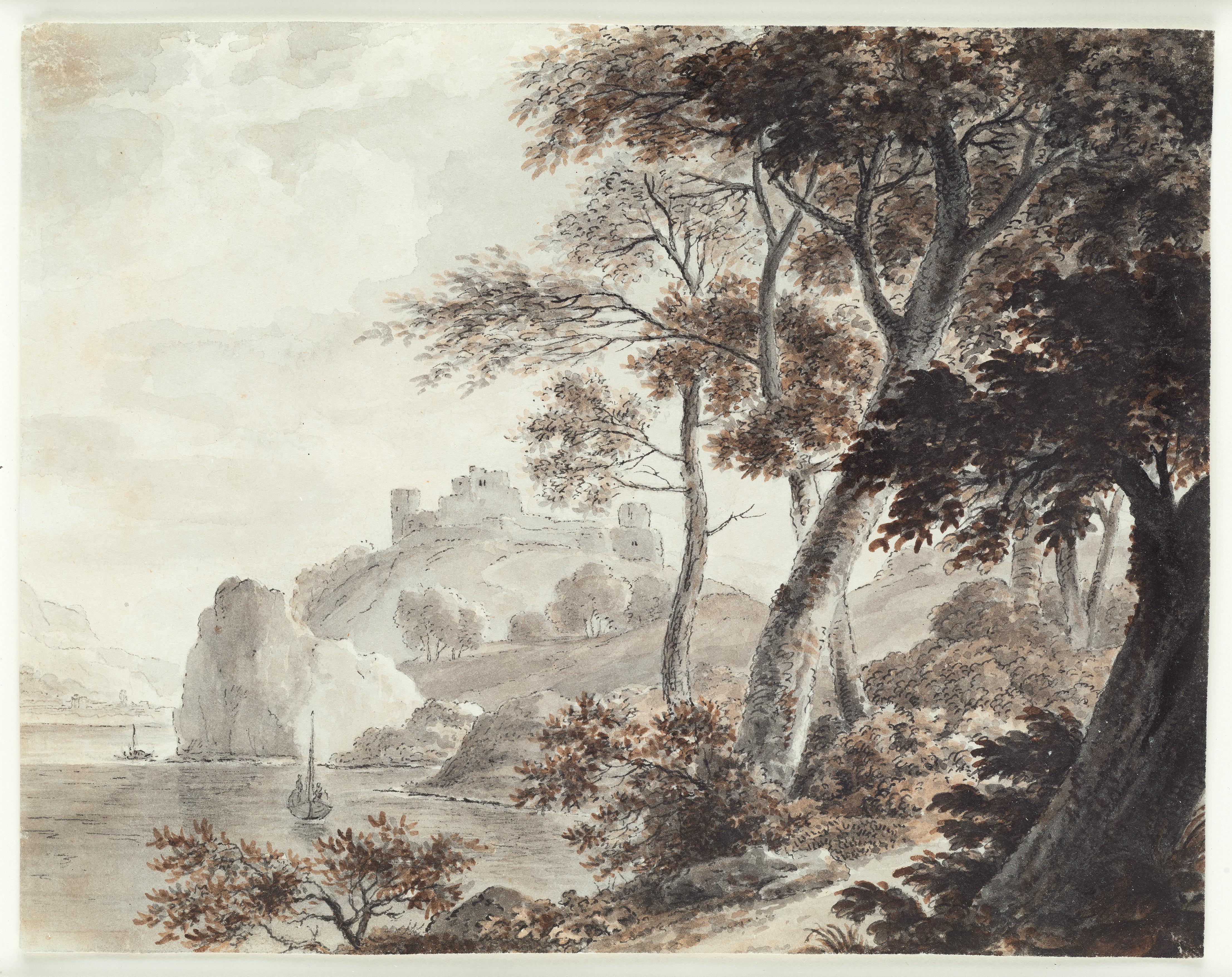 Südstaatliche Landschaft, Schiffe, Zeichnung eines alten Meisters, 19. Jahrhundert, von Von Stengel