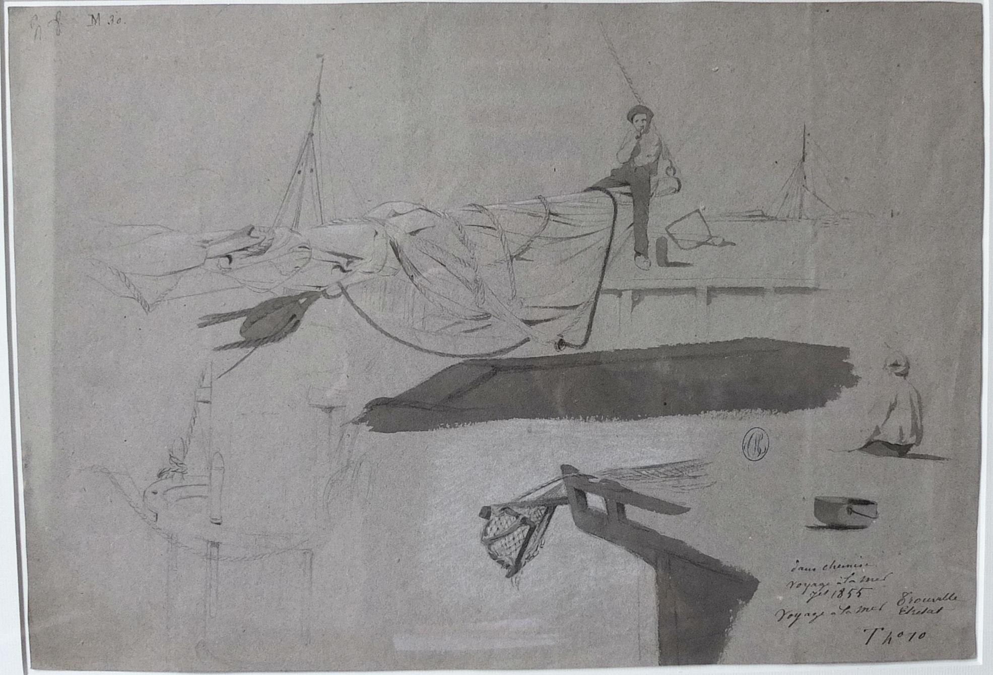Pair of Sea Views, decorative Drawings, Marine Interior, French Coast, Moin  For Sale 4