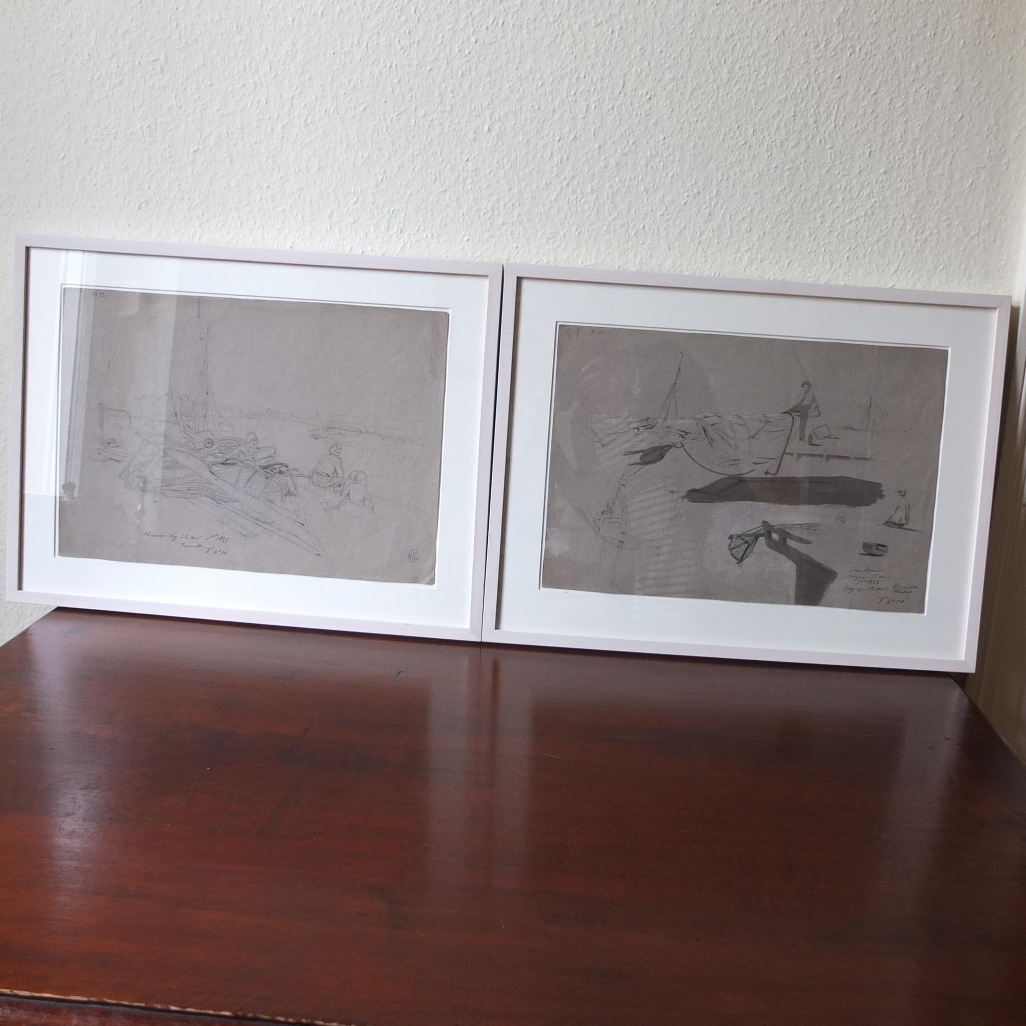 Pair of Sea Views, decorative Drawings, Marine Interior, French Coast, Moin  For Sale 10