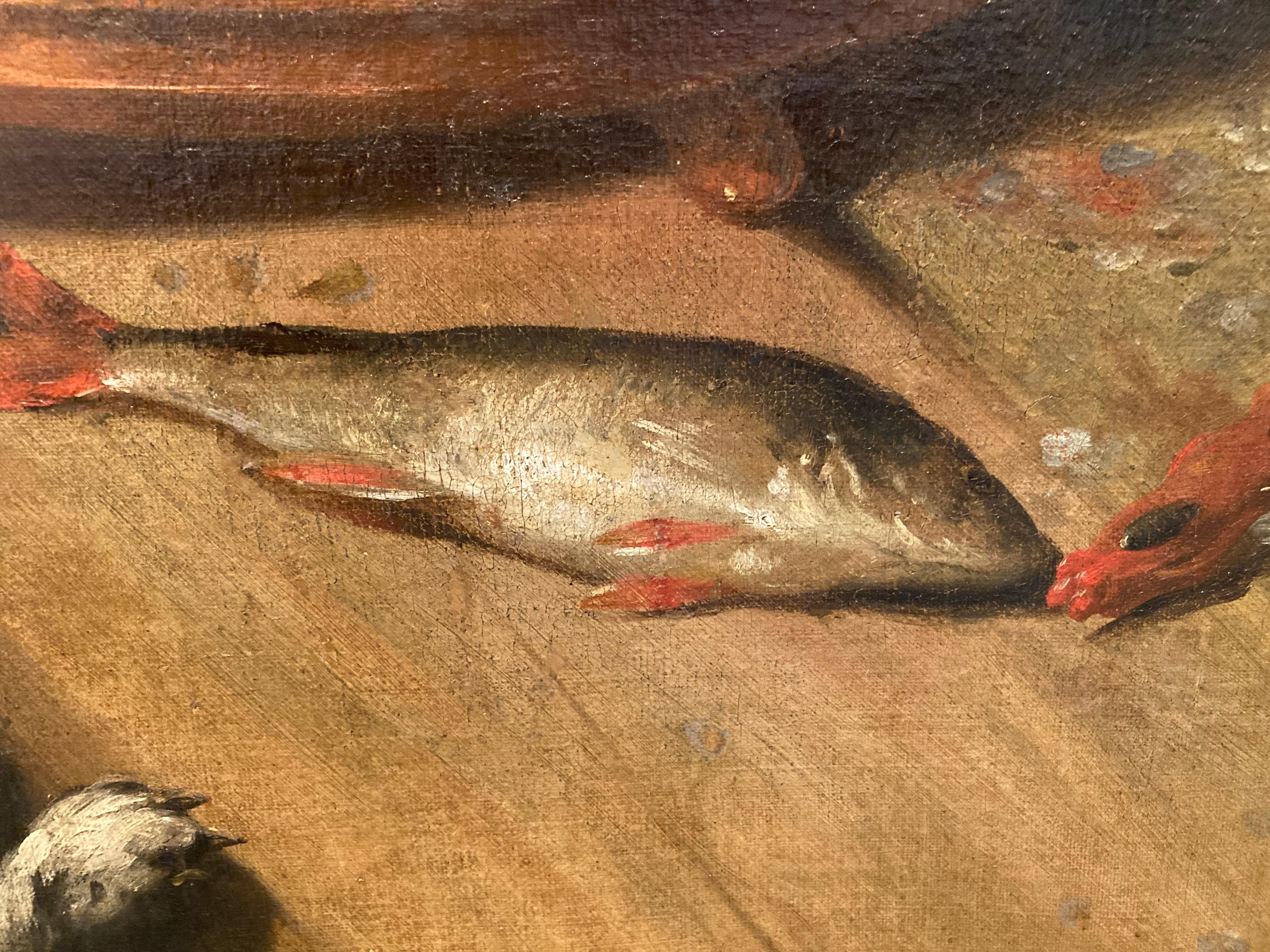 Provenance: Private collection Southern Germany, through inheritance to the previous owner.

We see a maid cutting and preparing fish on a wooden board. There are already prepared fish in a clay bowl, behind it is a bucket with metal rings from